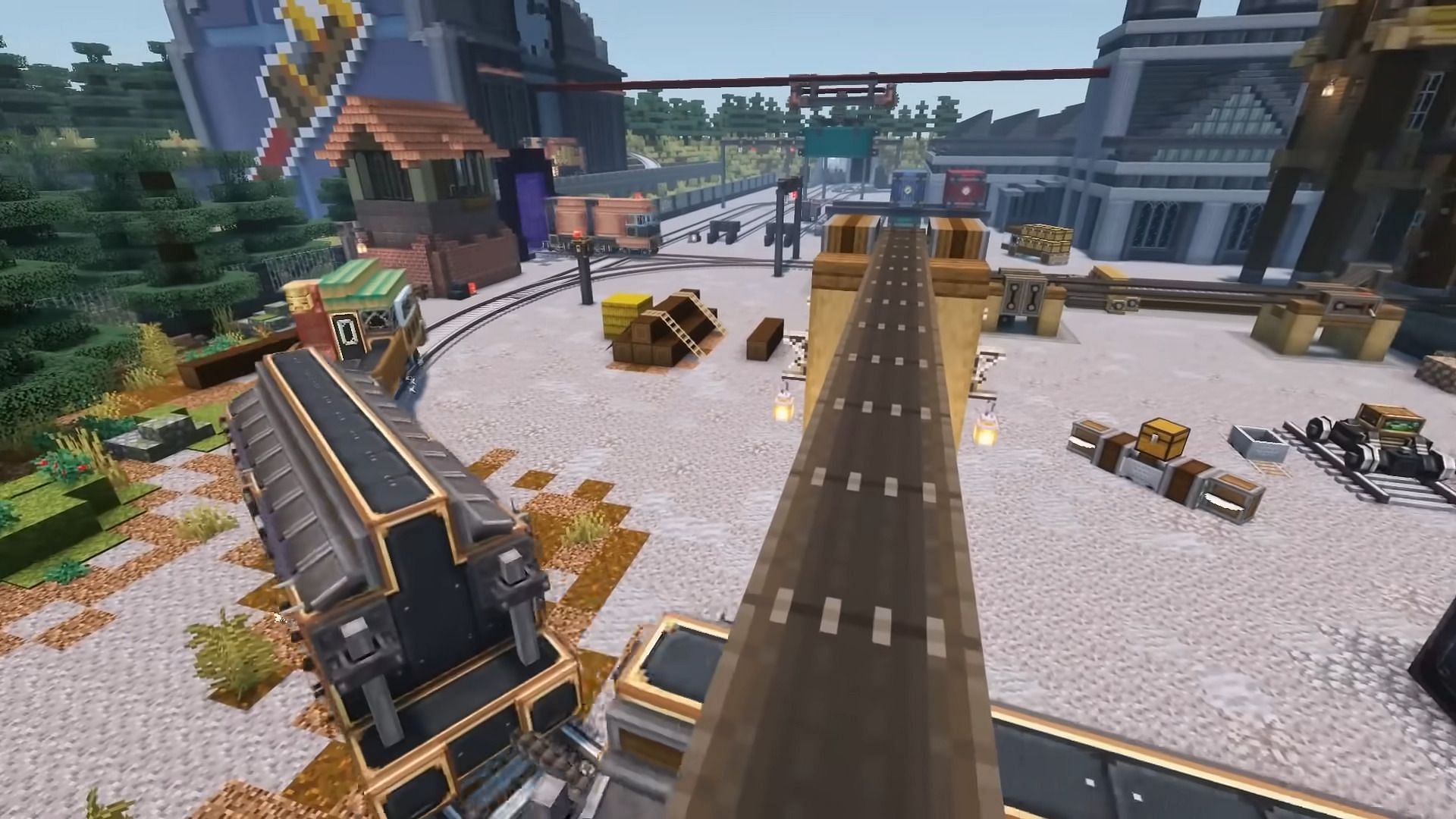 A train yard in Minecraft courtesy of the Create mod (Image via Simi Cats/YouTube)