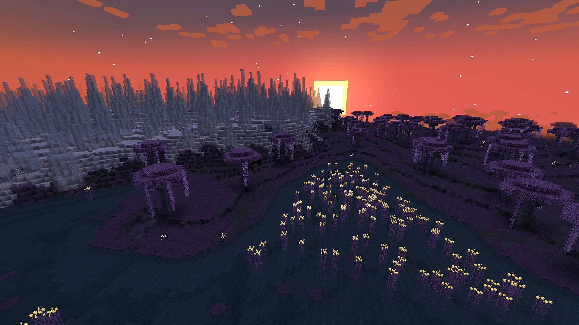 The Everdawn&#039;s strange, otherworldly terrain (Image via Mojang)