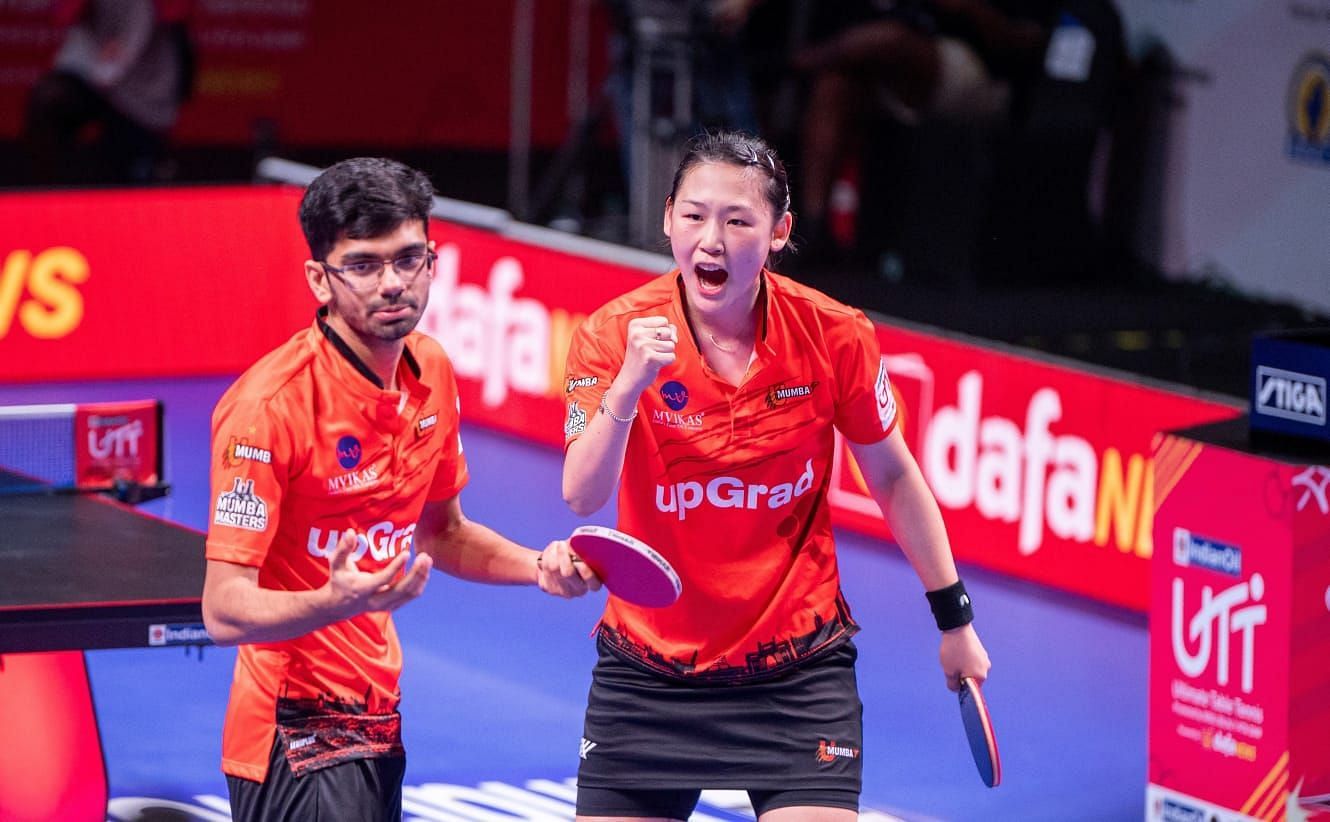 Manav Thakkar and Maria Xiao celebrate after a point, Image Credits: UTT