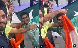 [Watch] Arshad Nadeem acknowledges Indian fans with tri-colour flag during his victory lap, poses for pictures