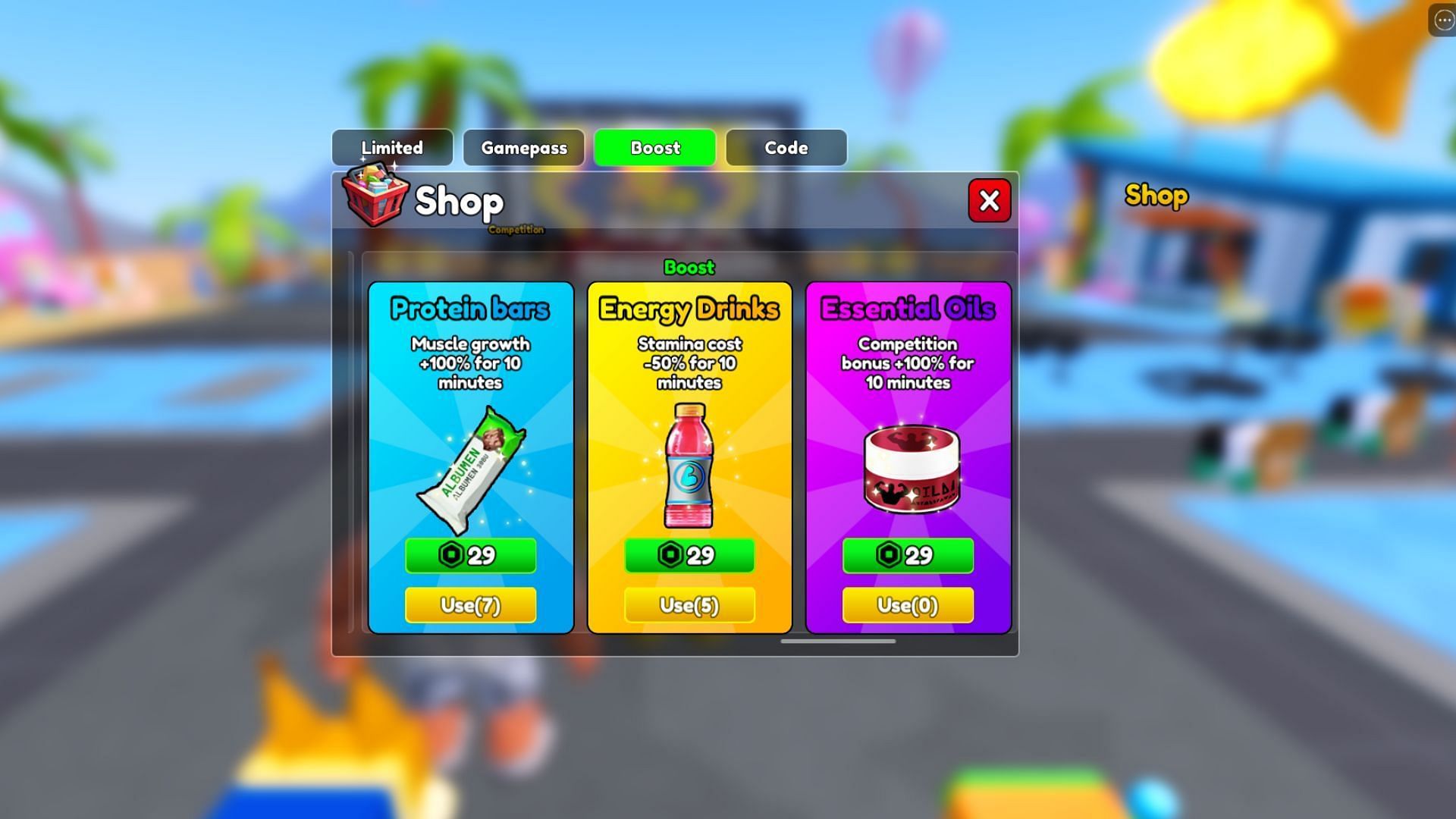 Consume boosts to increase muscle growth (Image via Roblox)