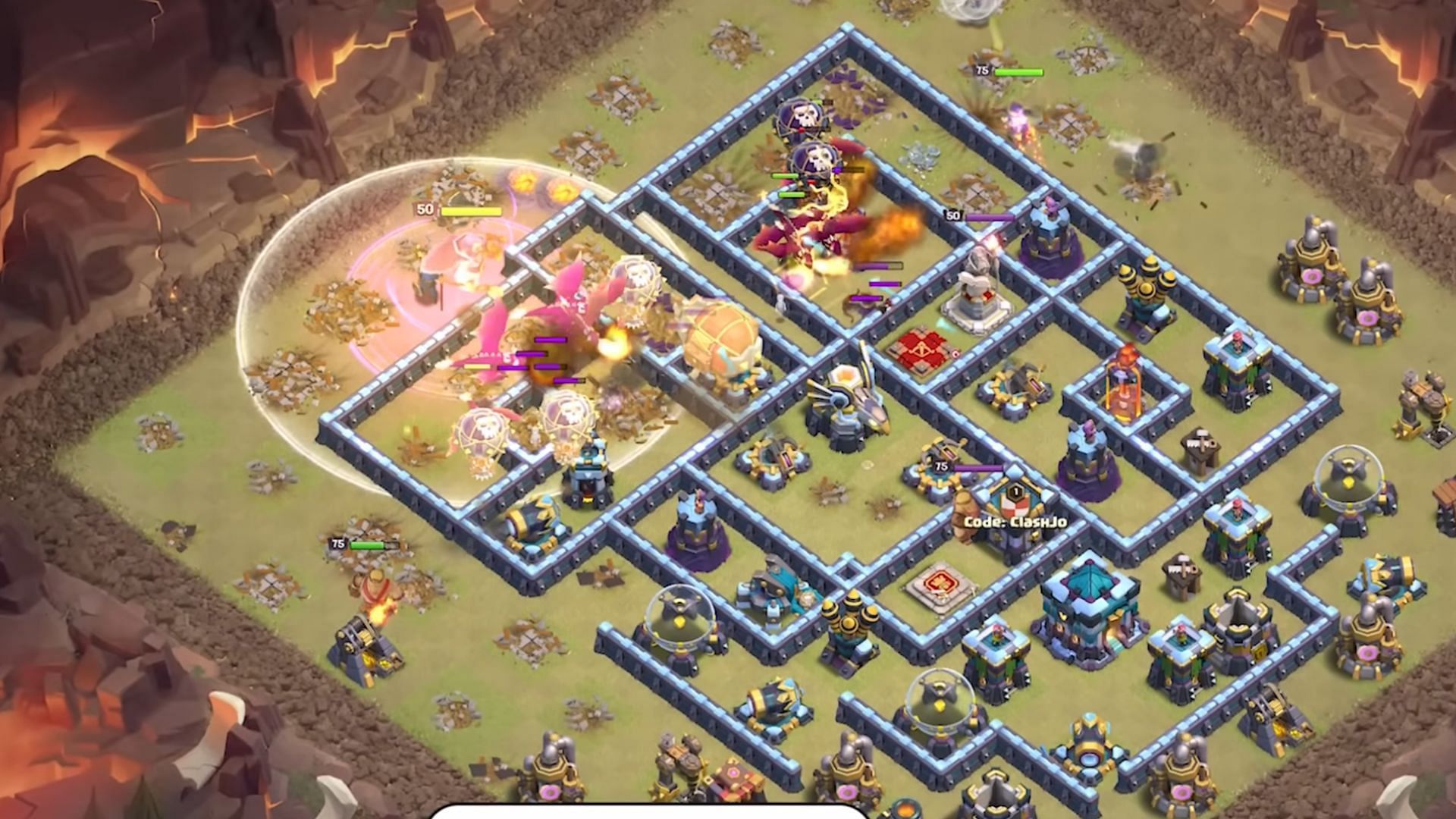 Use Clone spells on Rocket Balloons to easily clear Town Hall and other nearby defenses (Image via Supercell)