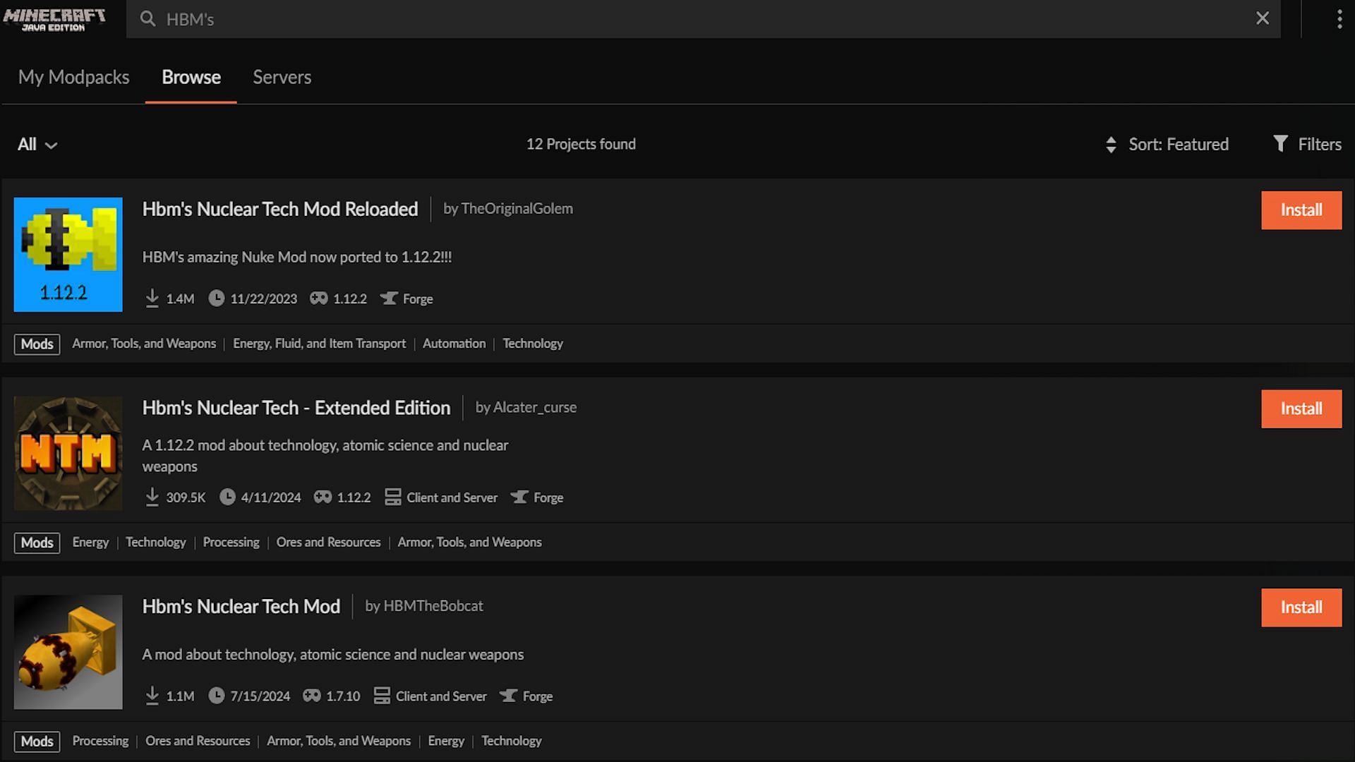The search results for &quot;HBM&#039;s&quot; (Image via CurseForge)