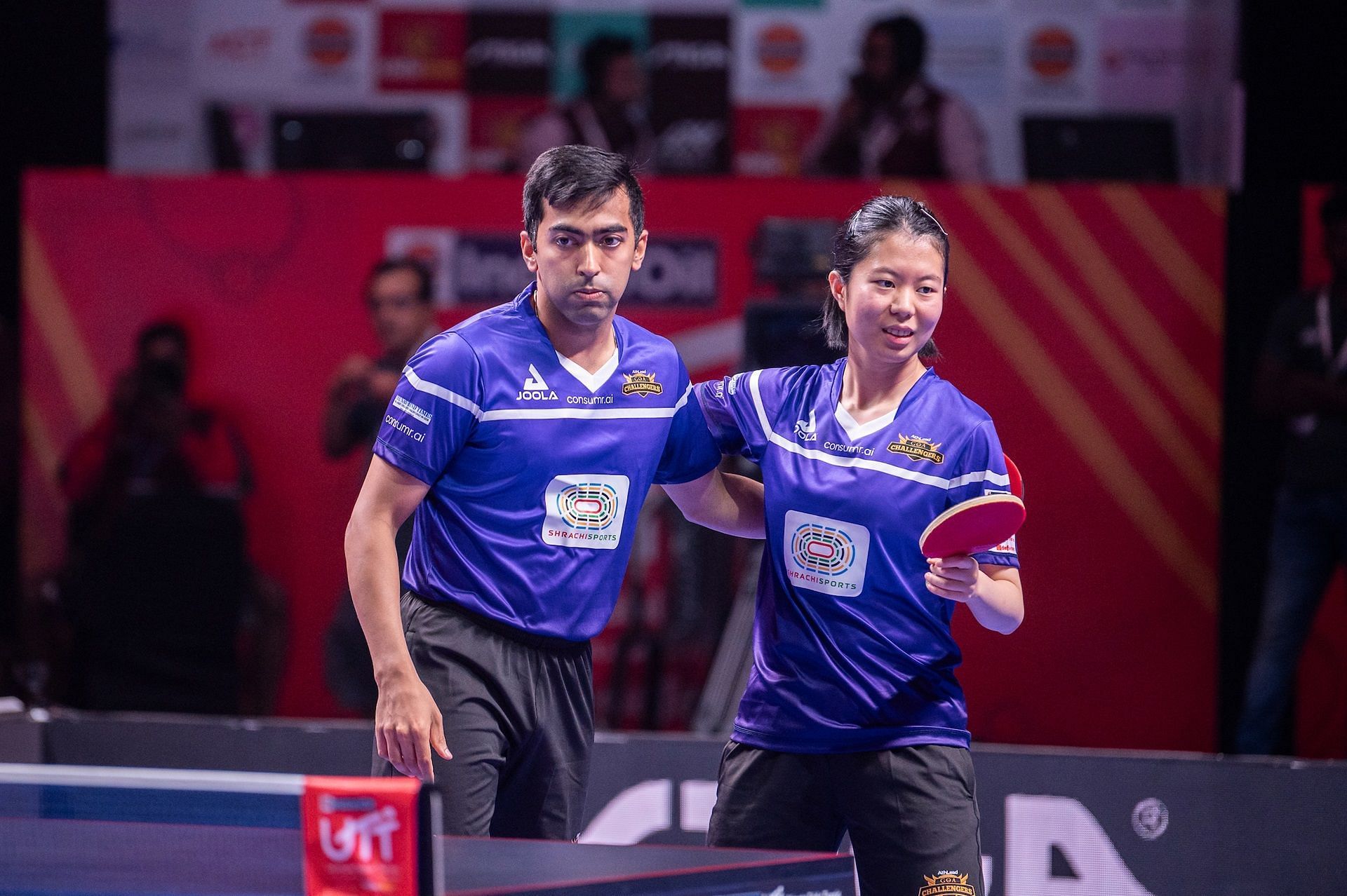 Harmeet Desai of Goa Challengers and Yangzi Liu of Athlead Goa Challengers in action during the match (Image via UTT)