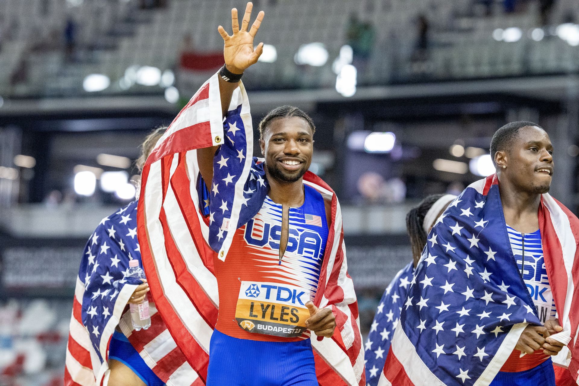 Noah Lyles celebrates the team&#039;s gold medal win in the Men&#039;s 4x100m Relay Final during the World Athletics Championships 2023 in Budapest, Hungary. (Photo via Getty Images)