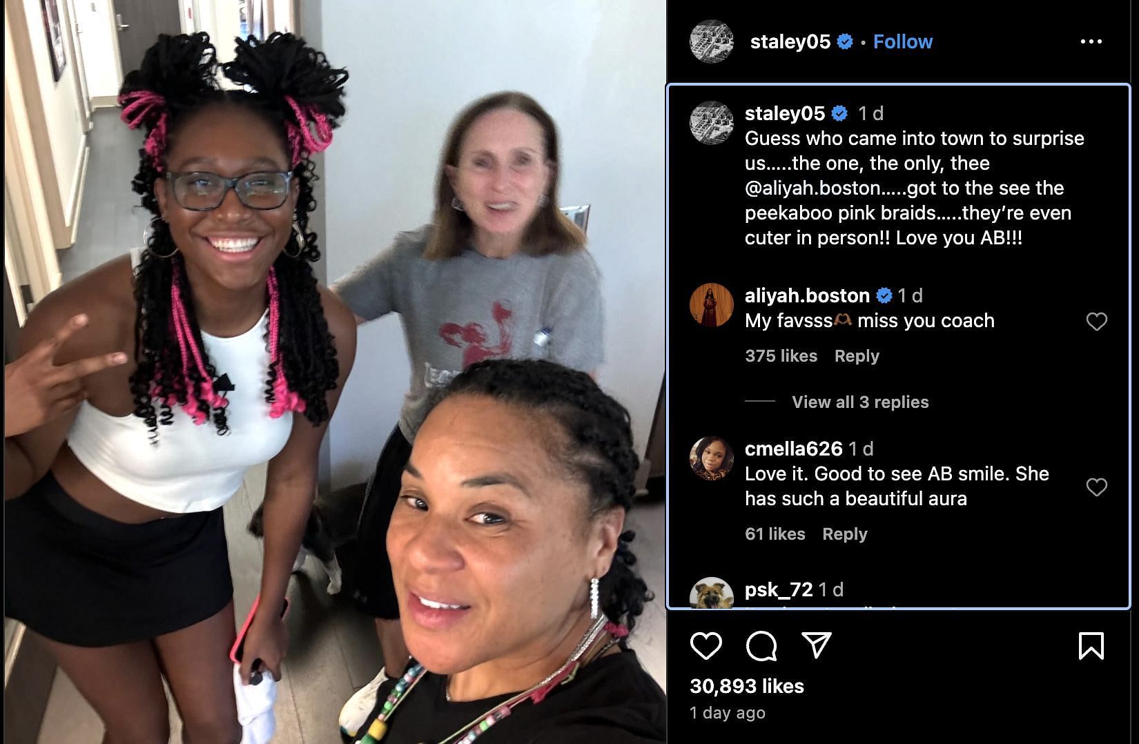 Aliyah Boston&#039;s comment on Dawn Staley&#039;s post (Credits: Instagram/@staley05)