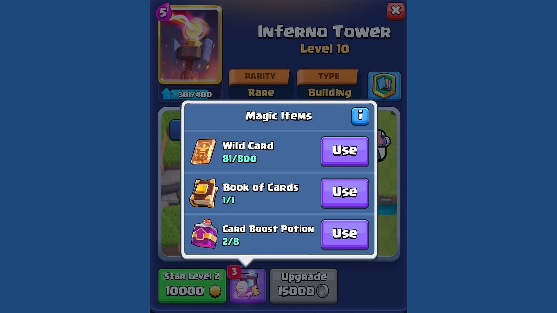 Available Magic Items for a Rare card in the information tab (Image via Supercell)