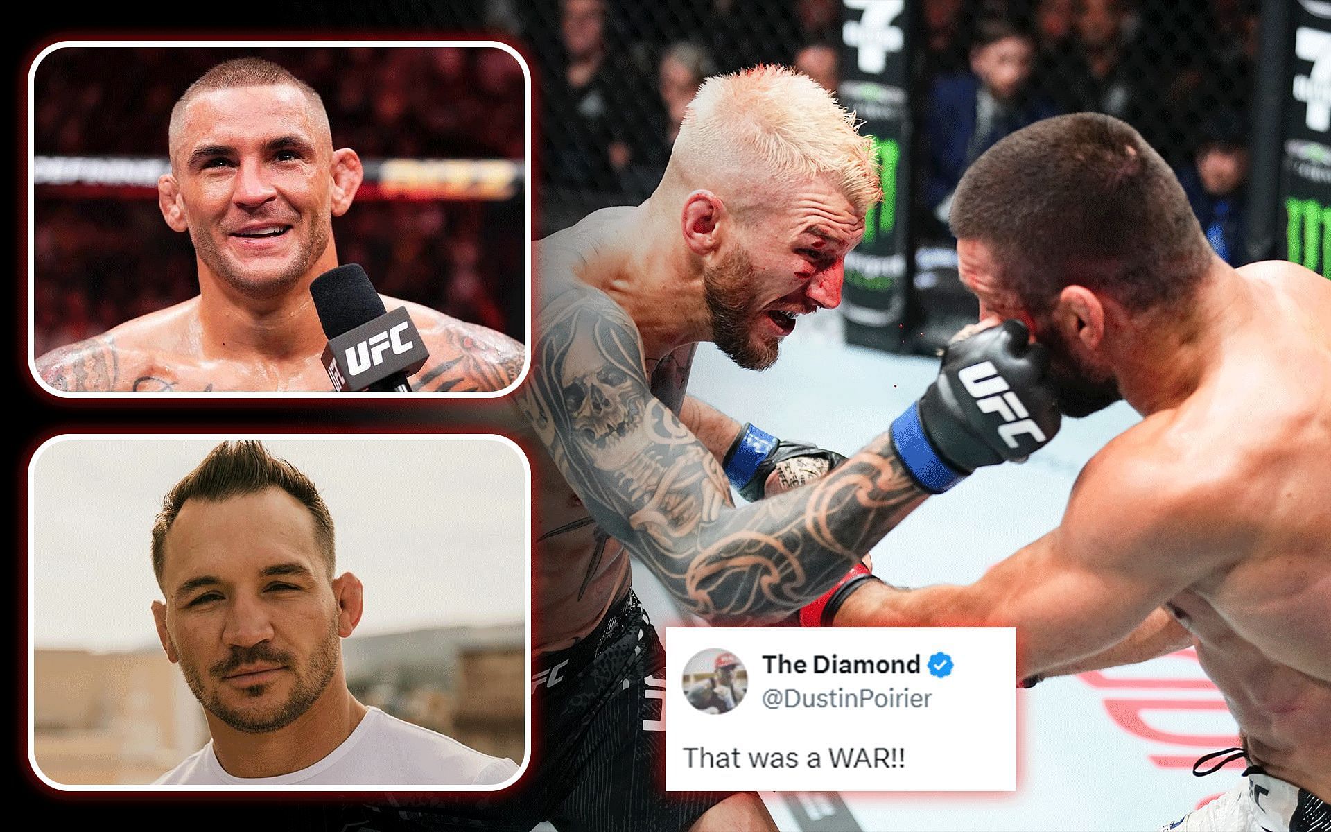 Dustin Poirier (top inset), Michael Chandler (bottom inset), and others react to Dan Hooker