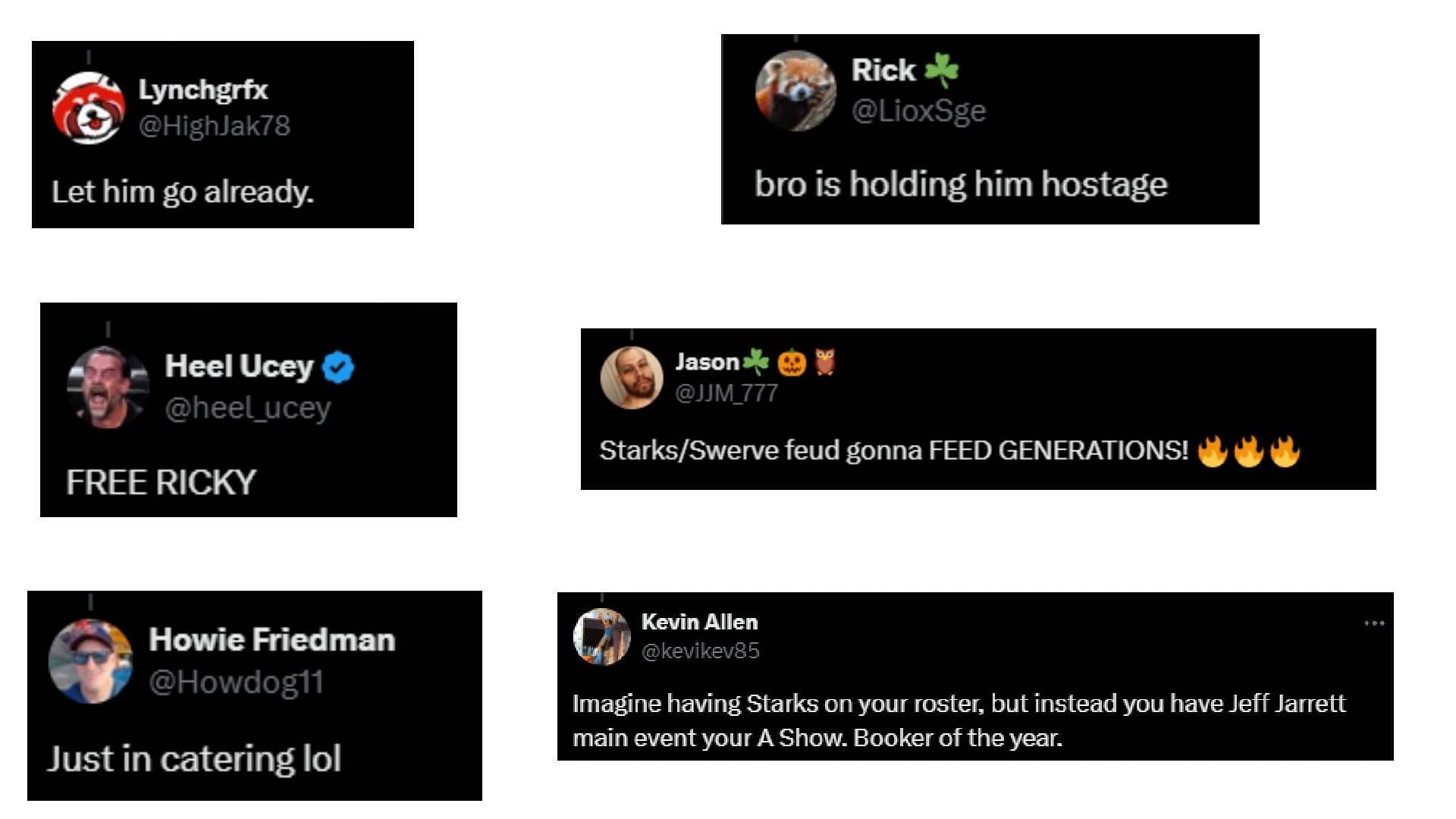 Fan reactions to Khan&#039;s update on Starks. [Photo credit: Screenshots of fan comments on @WrestlePurists X post]