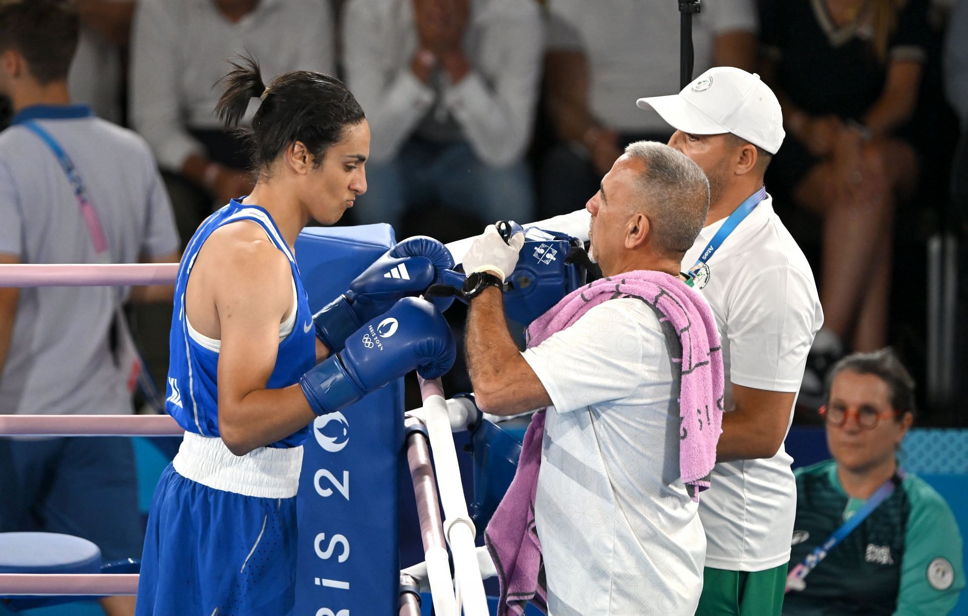 Imane Khelif of Algeria with her coaches during the semifinals of the women&#039;s 66kg boxing at the 2024 Paris Olympics [Image Source: Getty]