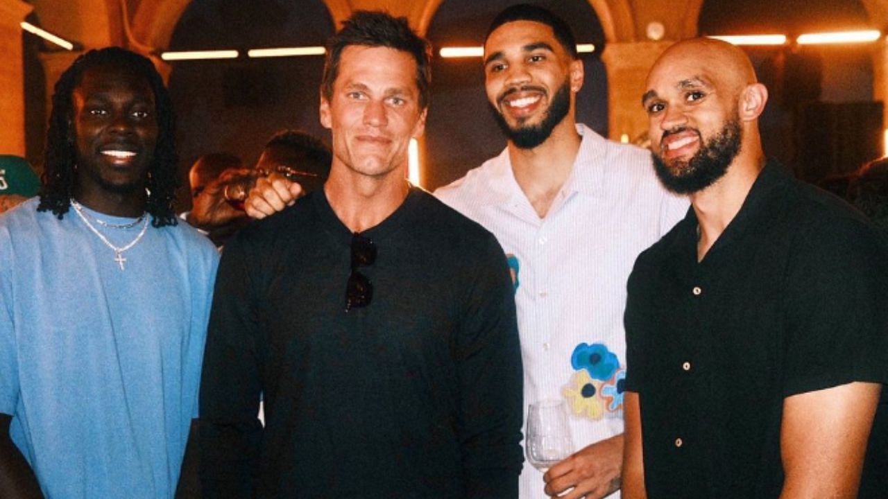 Fans react to Tom Brady posing for photos with Boston Celtics Olympians Jayson Tatum, Jrue Holiday and Derrick White. [photo: @celtics]