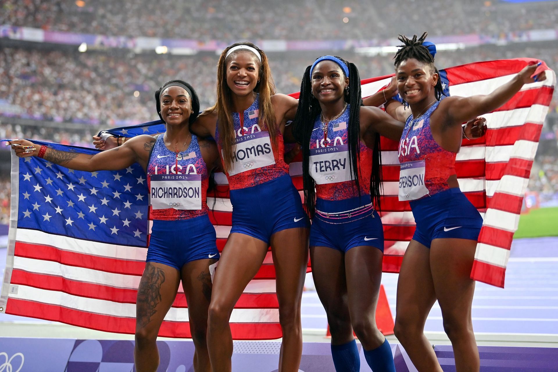 Sha&#039;carri Richardson, Gabby Thomas, Twanisha Terry and Melissa Jefferson of Team United States pose for a photo after the Women&#039;s 4 x 100m Relay Final at the Olympic Games 2024 in Paris, France. (Photo by Getty Images)