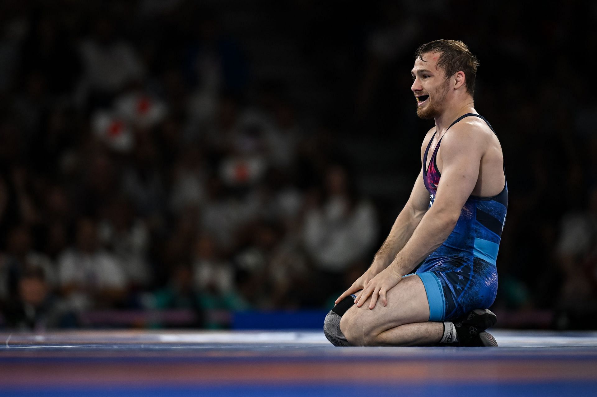 Spencer Lee reacts during the men&#039;s Freestyle 57kg final at the Olympic Games 2024 in Paris, France. (Photo by Getty Images)