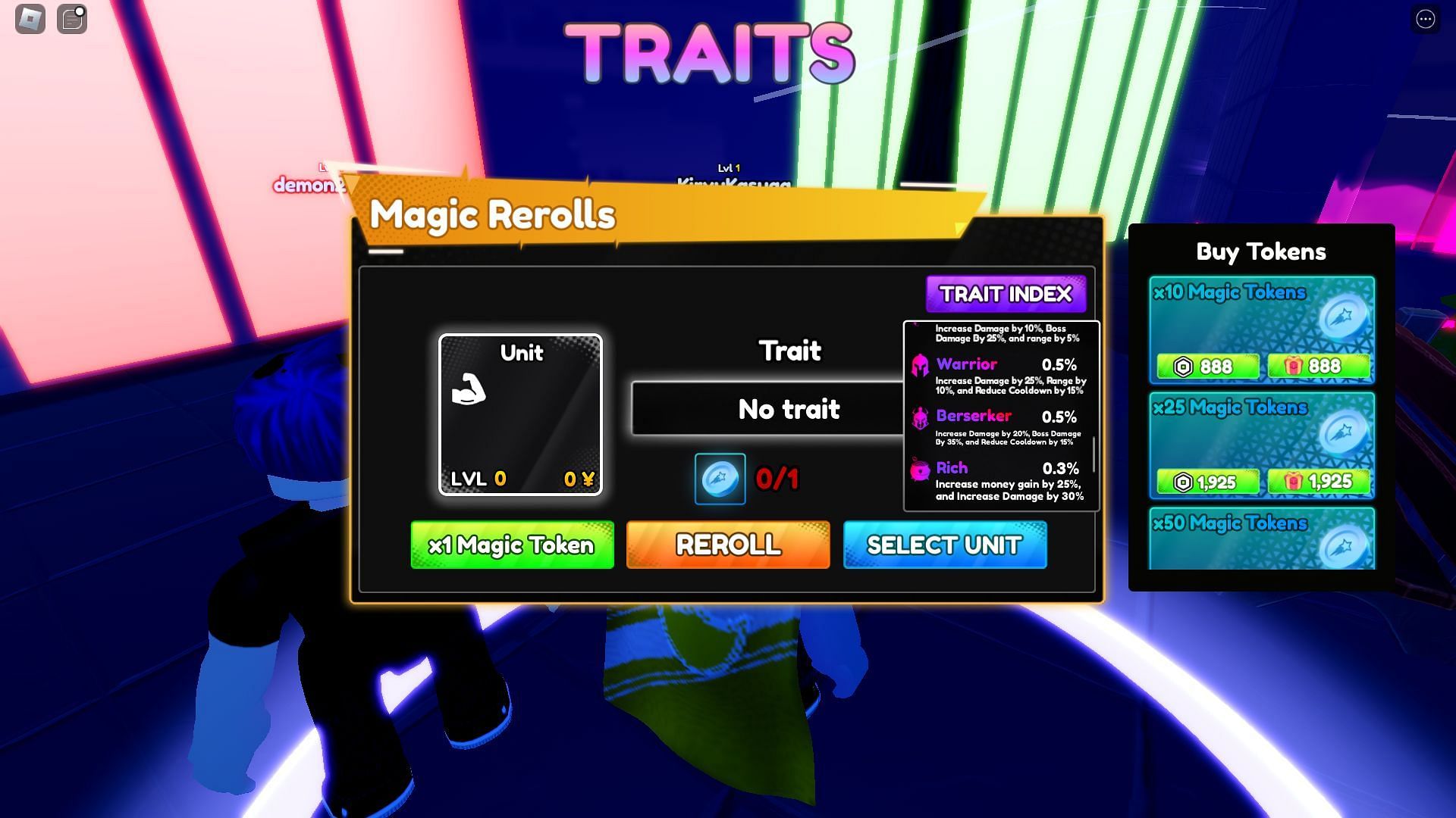 In-game Trait Index (Image via Roblox)