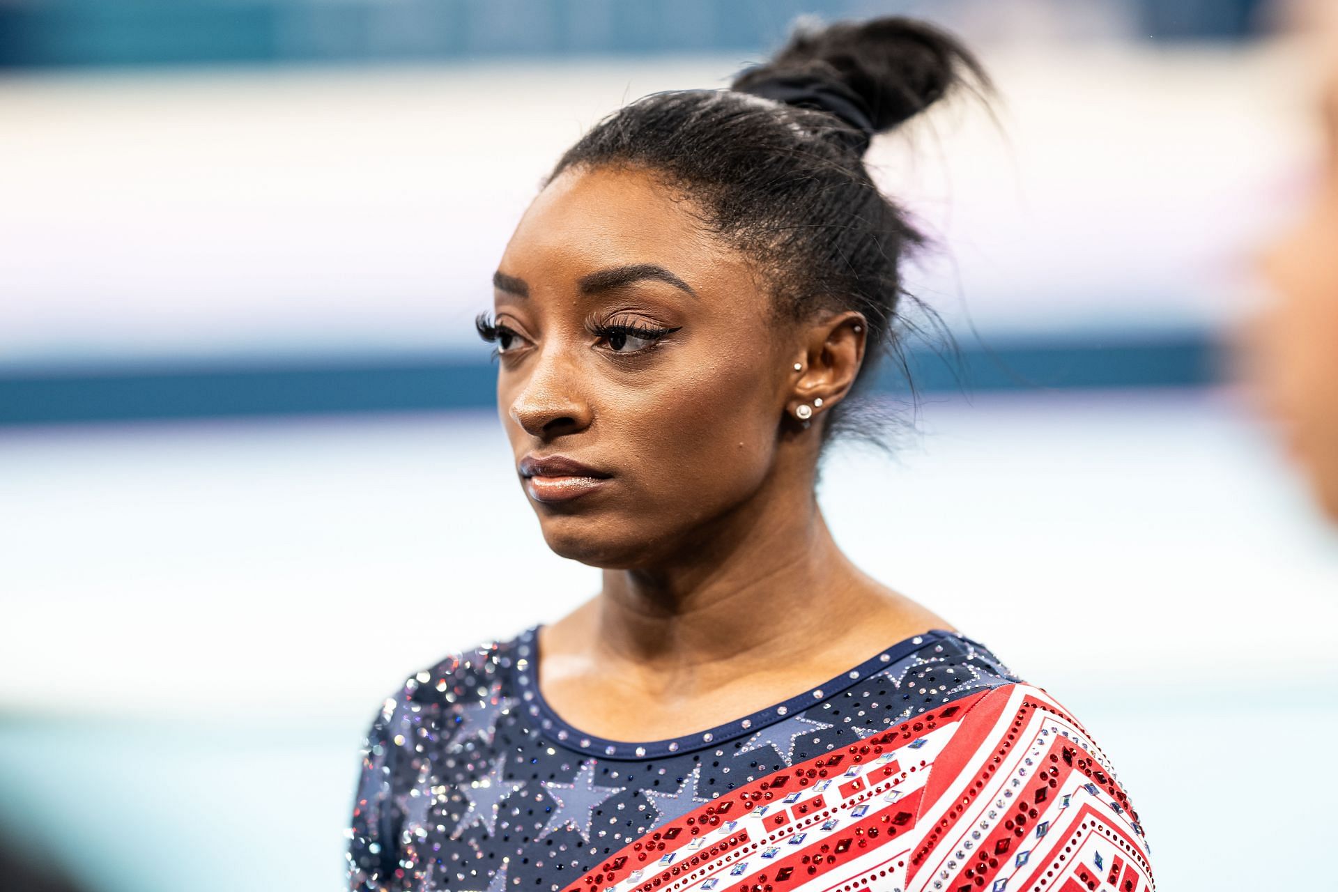 Simone Biles looks on during the women&acute;s team final at the Olympic Games 2024 in Paris, France. (Photo by Getty Images)