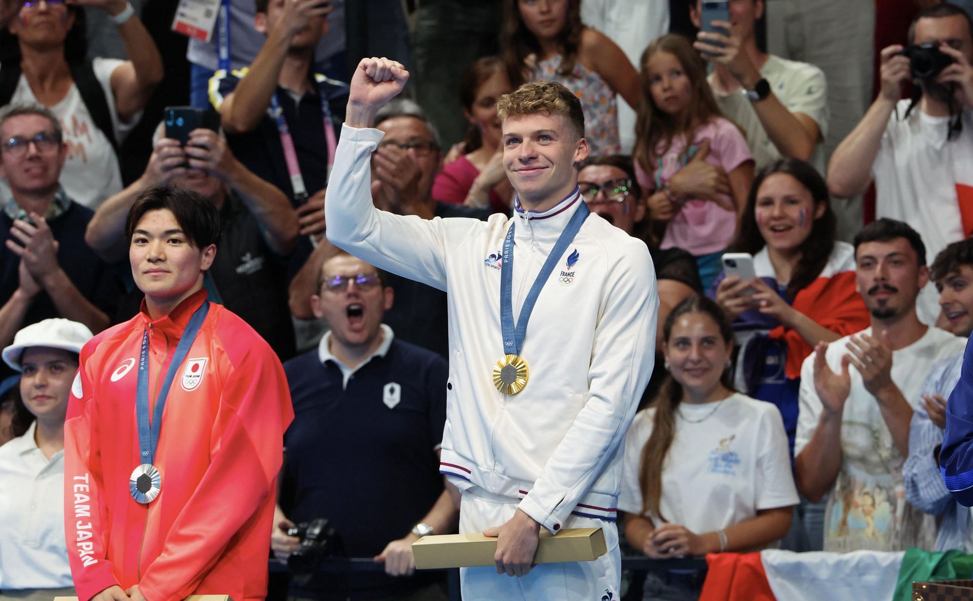 Leon Marchand during the medal ceremony of men&#039;s 400m individual medley at Paris Olympics 2024. (Photo by Xavier Laine/Getty Images)