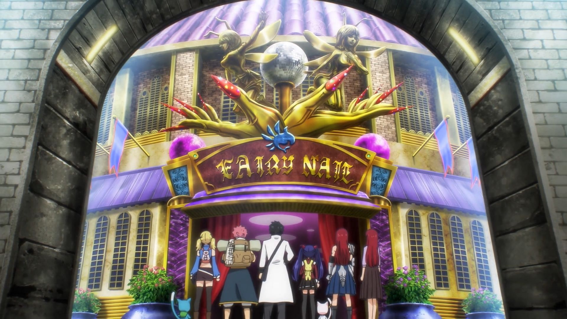 Natsu and team arrive at Fairy Nail guild in Fairy Tail 100 Years Quest episode 8 (Image via J.C. Staff)