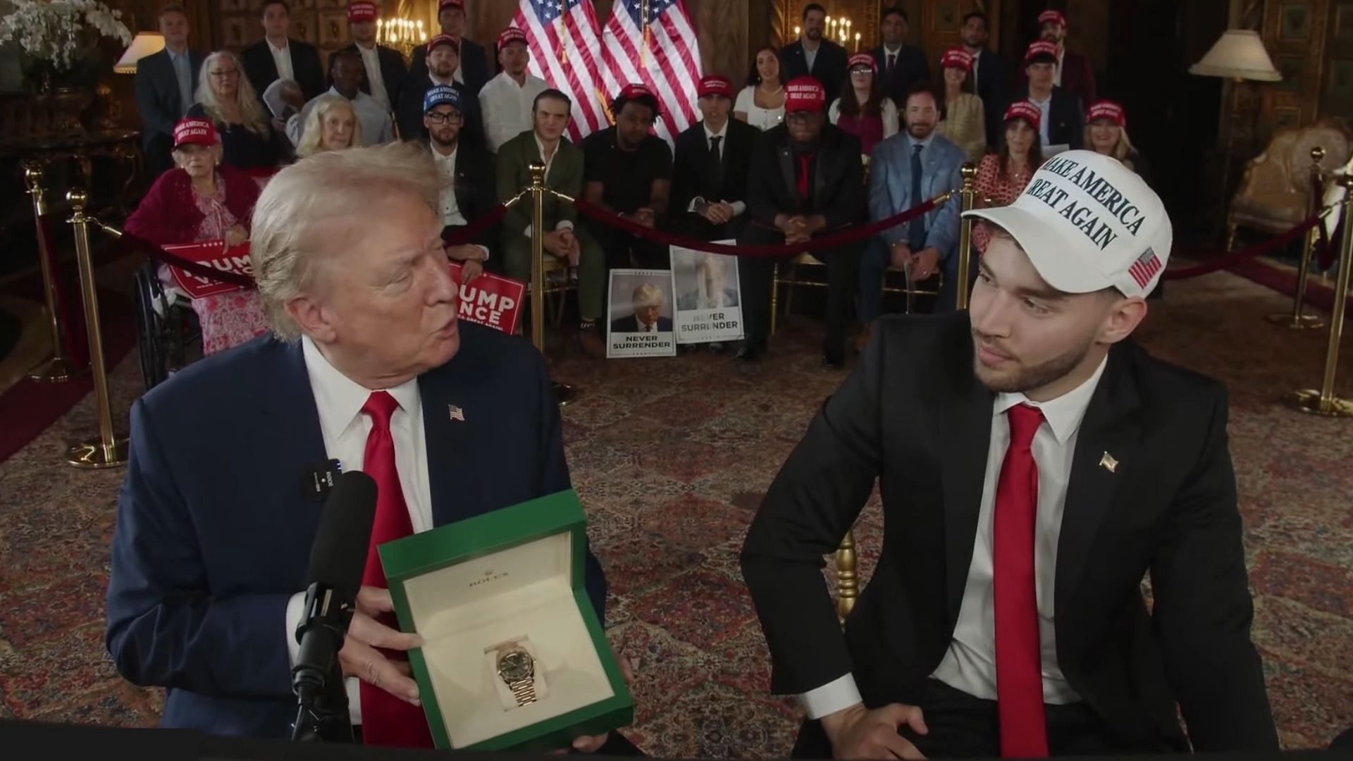 Adin Ross gave the Rolex to Donald Trump on his Kick stream on August 5 (Image via Adin Live/YouTube)