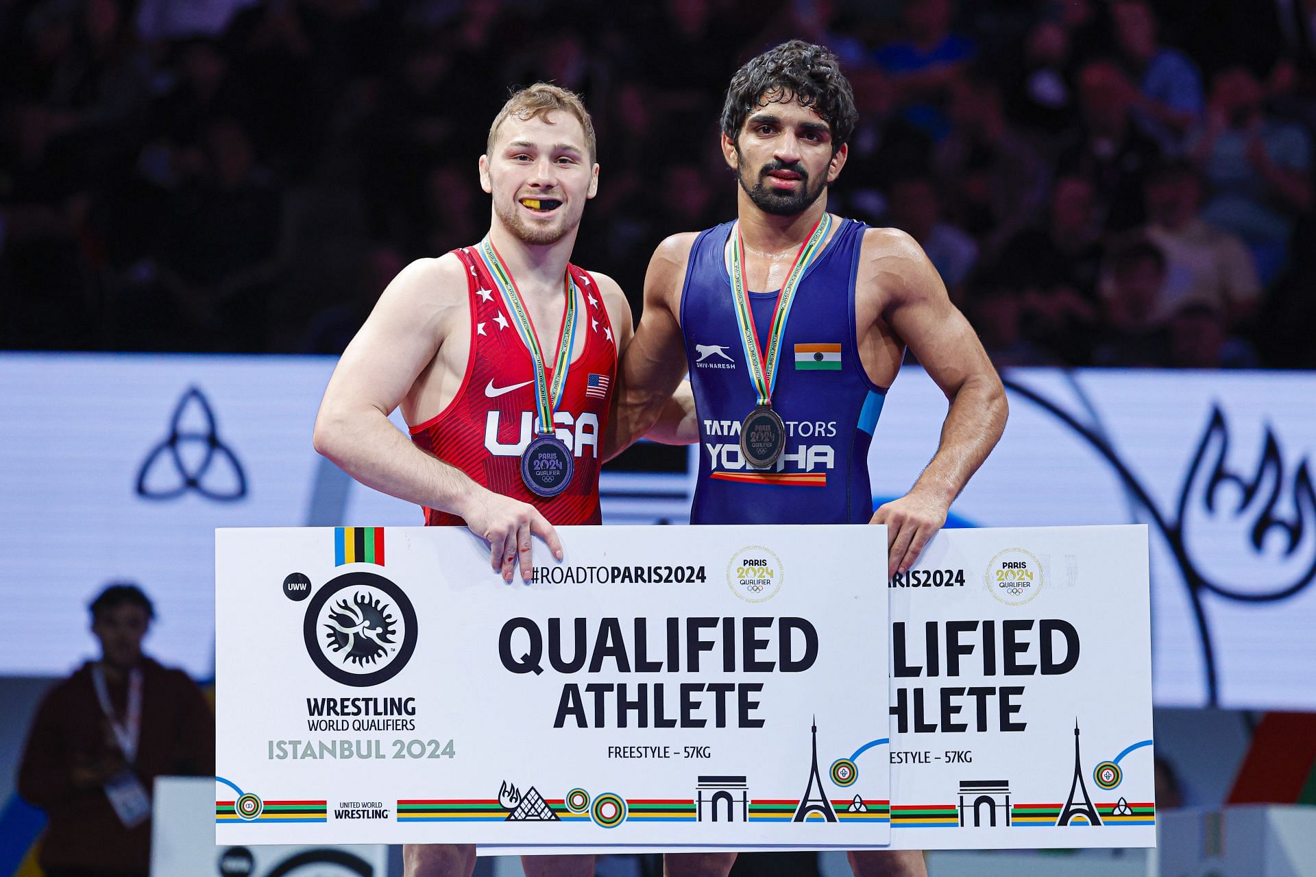 Aman Sehrawat of India (R) and Spencer Lee of the USA, the two dark horses in the men&#039;s 57kg freestyle wrestling event at the 2024 Paris Olympics - Getty Images