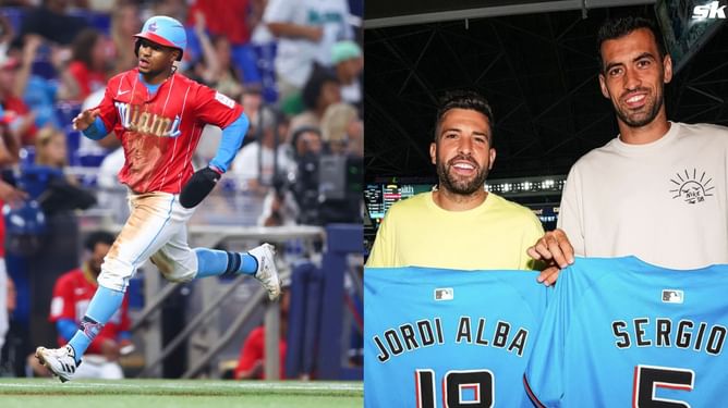 PHOTO: Soccer sensations Jordi Alba & Sergio Busquets bring star power to Marlins game at LoanDepot Park