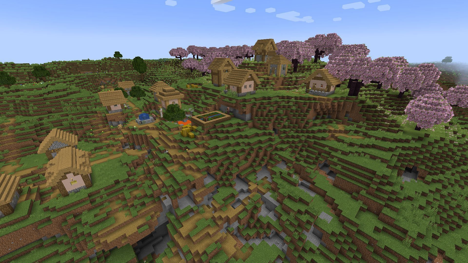 Even the village found on this seed features strange, glitched-looking terrain (Image via Mojang)