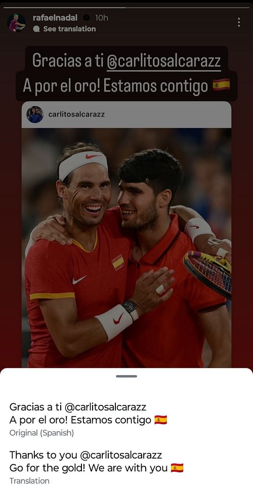 Rafael Nadal's Instagram Story. (Instagram @rafaelnadal)