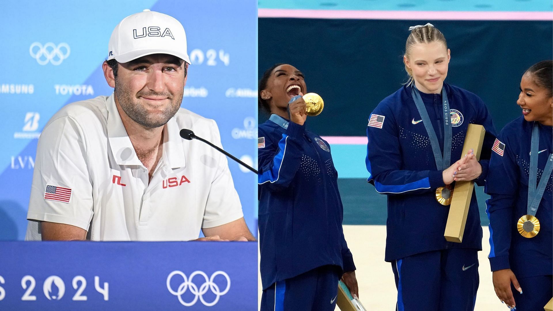 Scottie Scheffler in awe of Simone Biles and her team. Image sourse Getty Images, and Imagn