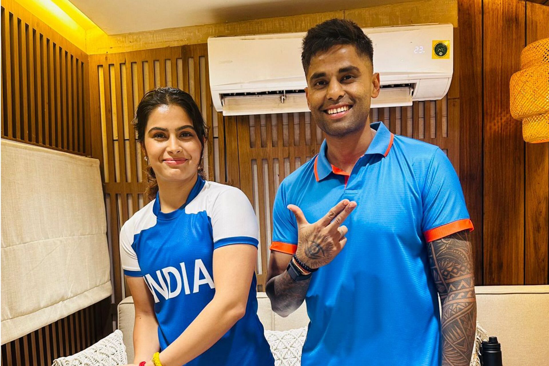 Olympian Manu Bhaker shares a picture with Indian T20I captain Suryakumar Yadav (Image via X-@realmanubhaker)