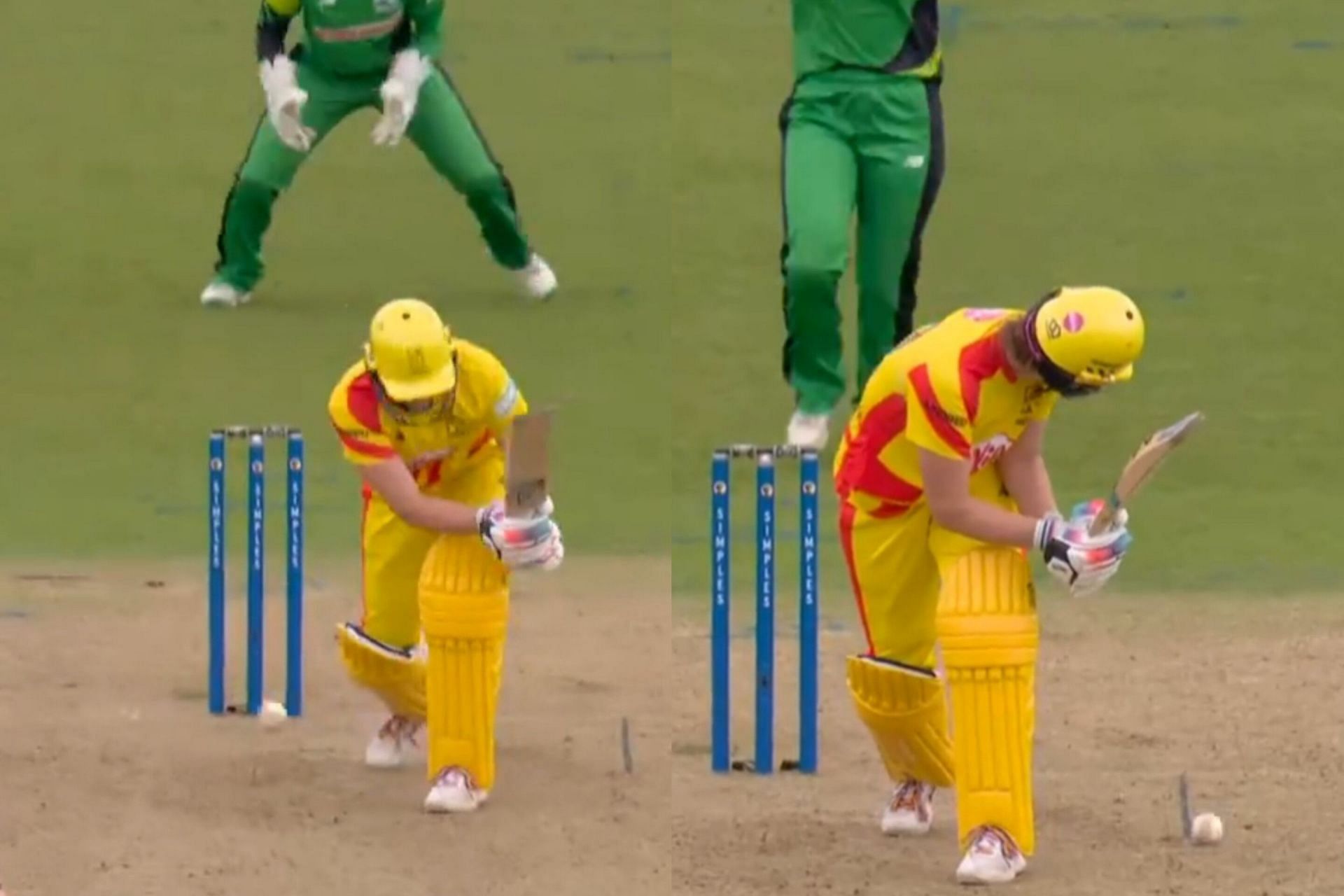 Nat Sciver-Brunt gets lucky as bails remain intact despite the ball hitting the stumps (Image via X/@thehundred)