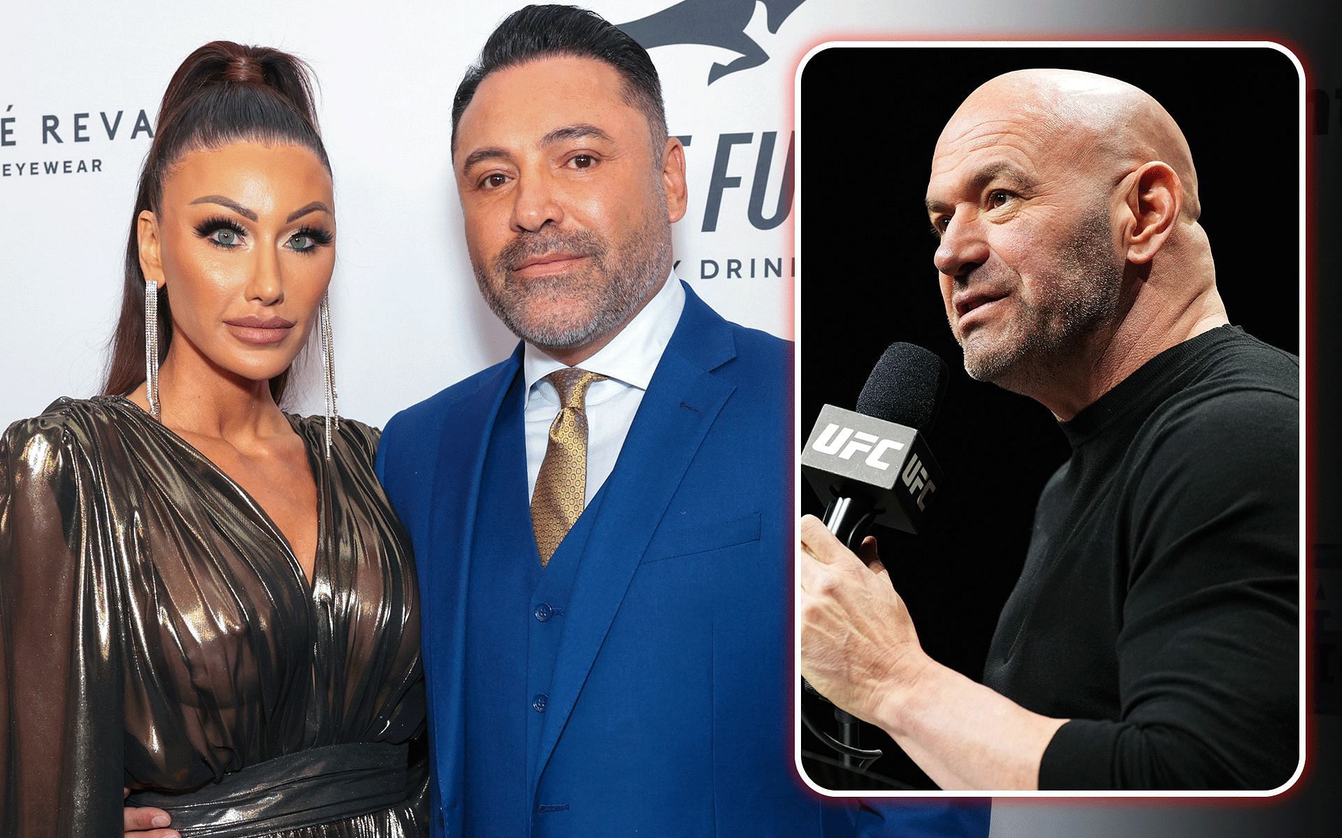 Dana White (inset) reacts to Oscar De La Hoya and partner Holly Sonders