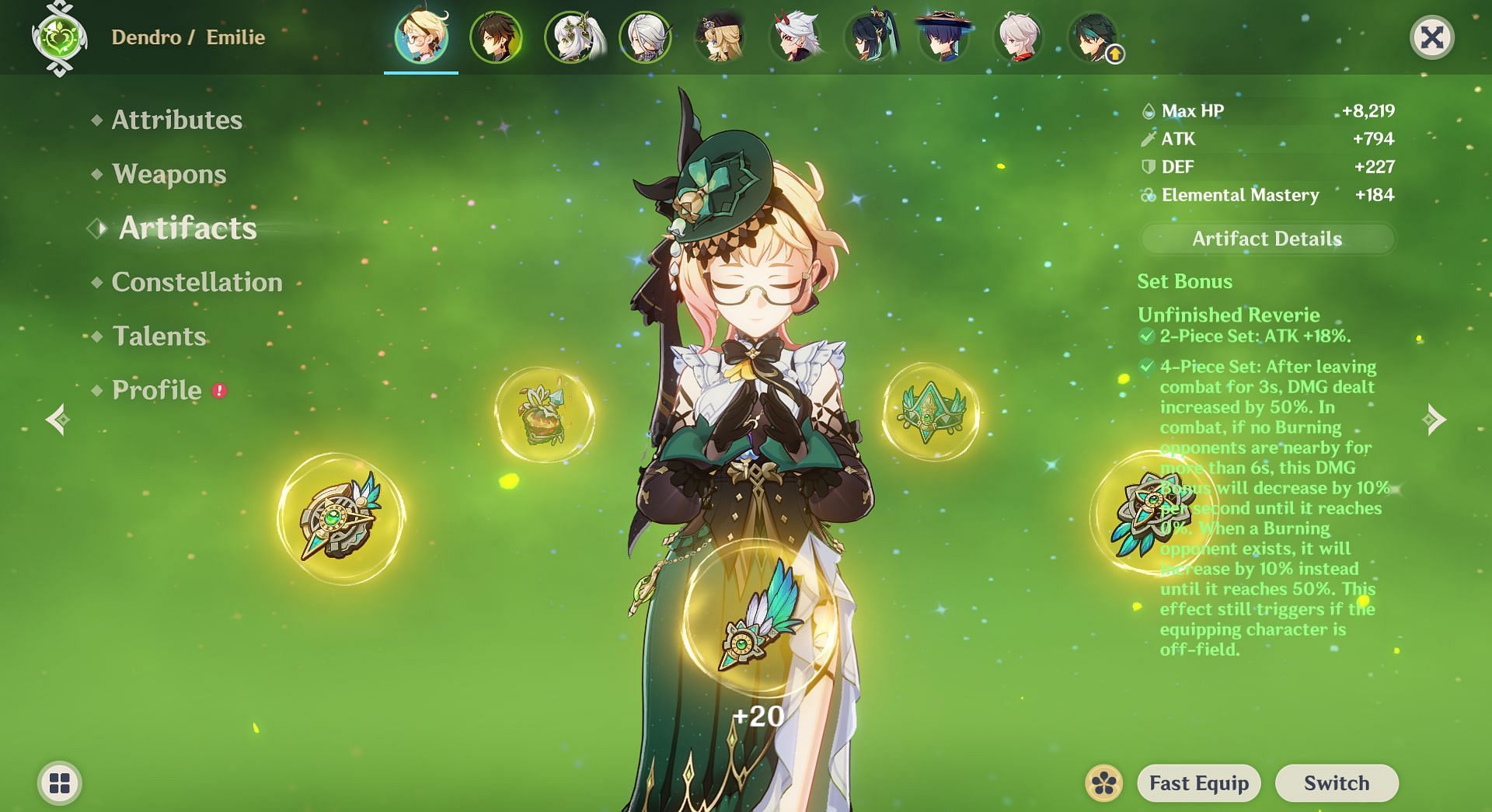 4pc Unfinished Reverie is Emilie&#039;s BiS artifact set (Image via HoYoverse)