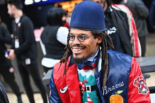 Cam Newton at Celebrities Attend Detroit Pistons v Atlanta Hawks - Source: Getty