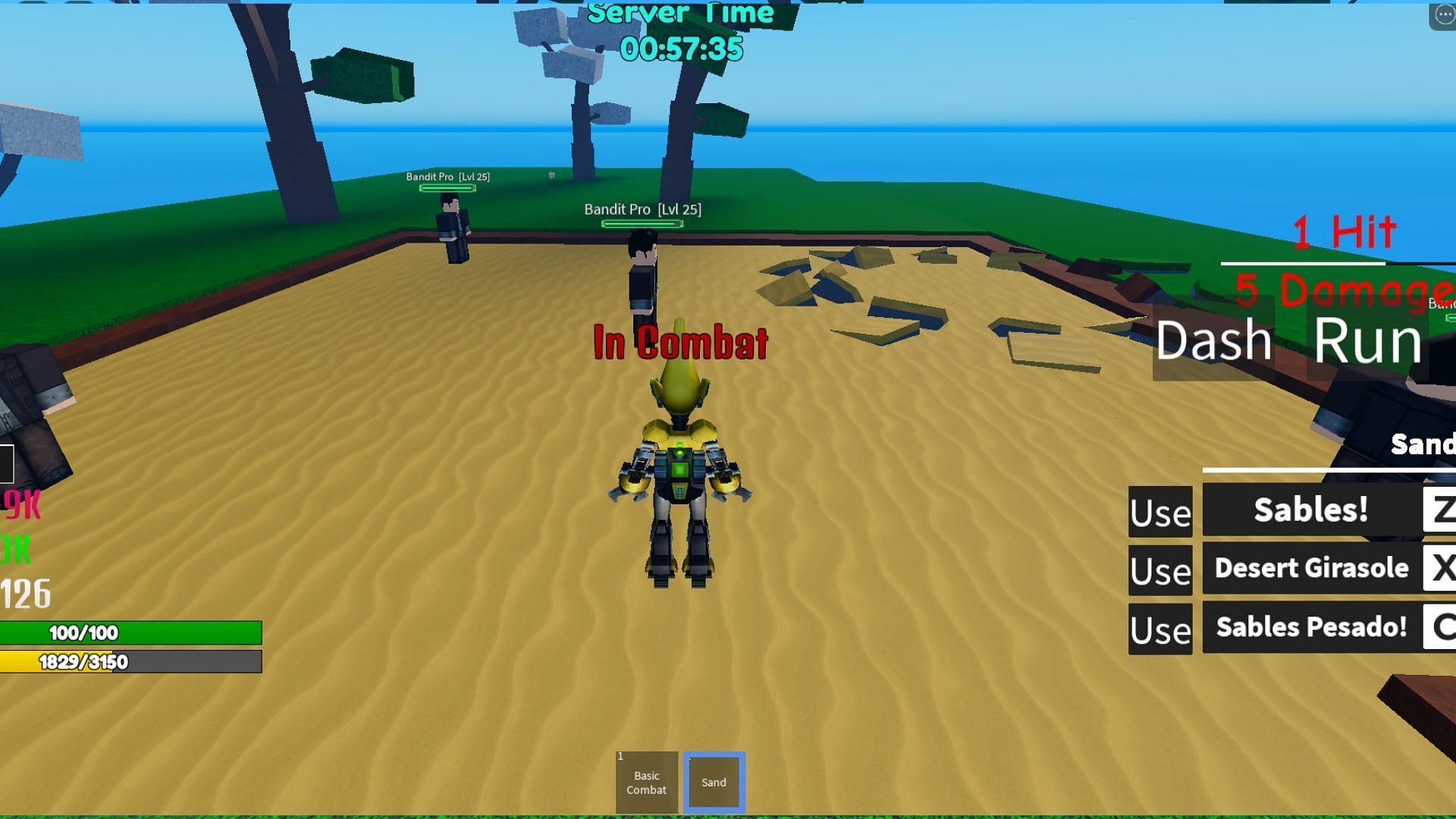 Using Sand Fruit Power to defeat Bandit Pro (Image via Roblox)