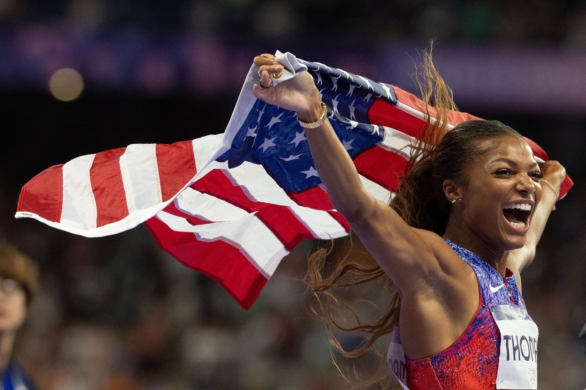 Gabby Thomas reacts to winning the gold medal in the Women&#039;s 200m final at the Olympic Games 2024 in Paris, France. (Photo via Getty Images)