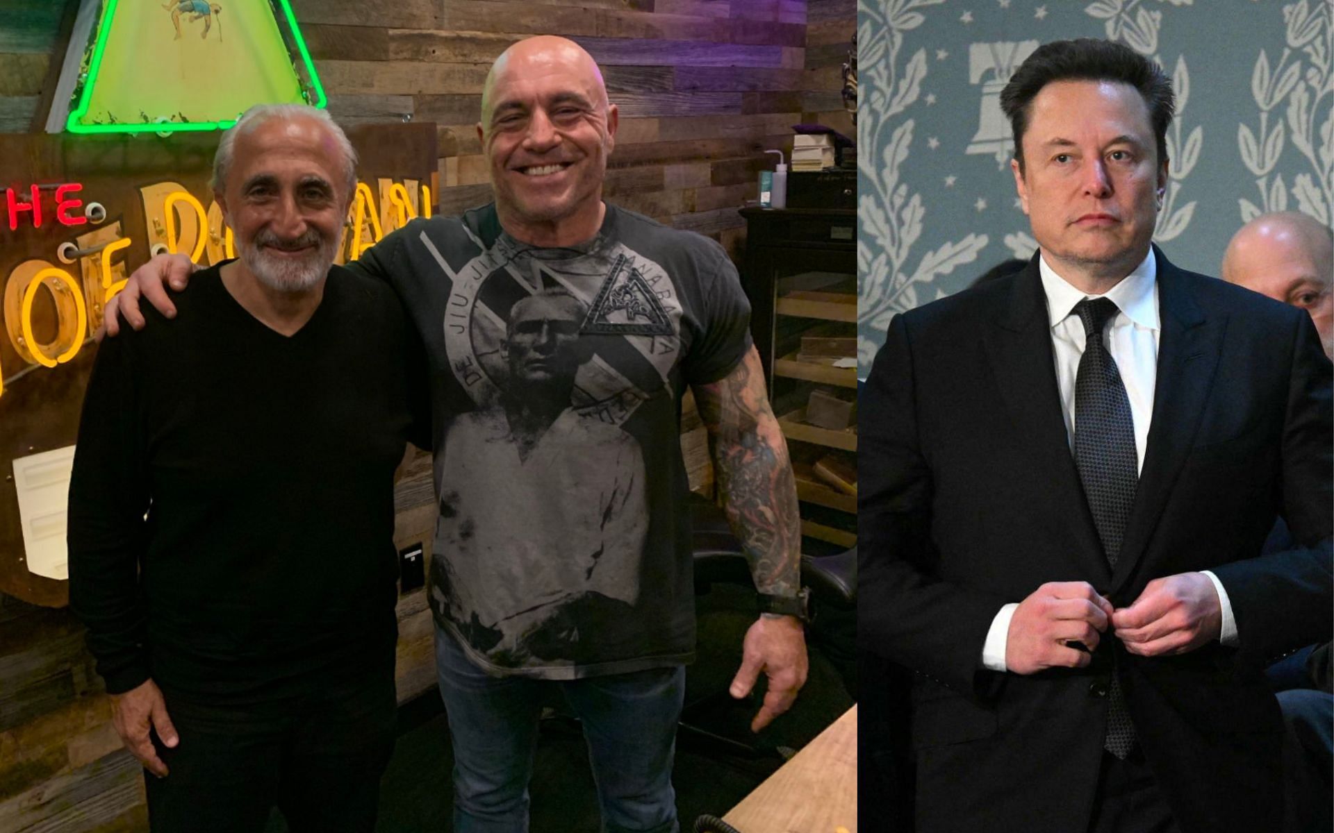 Gad Saad (far left) has connections to Joe Rogan (center) and Elon Musk (right). [Images courtesy: @gadsaad, @elonmusk on X]