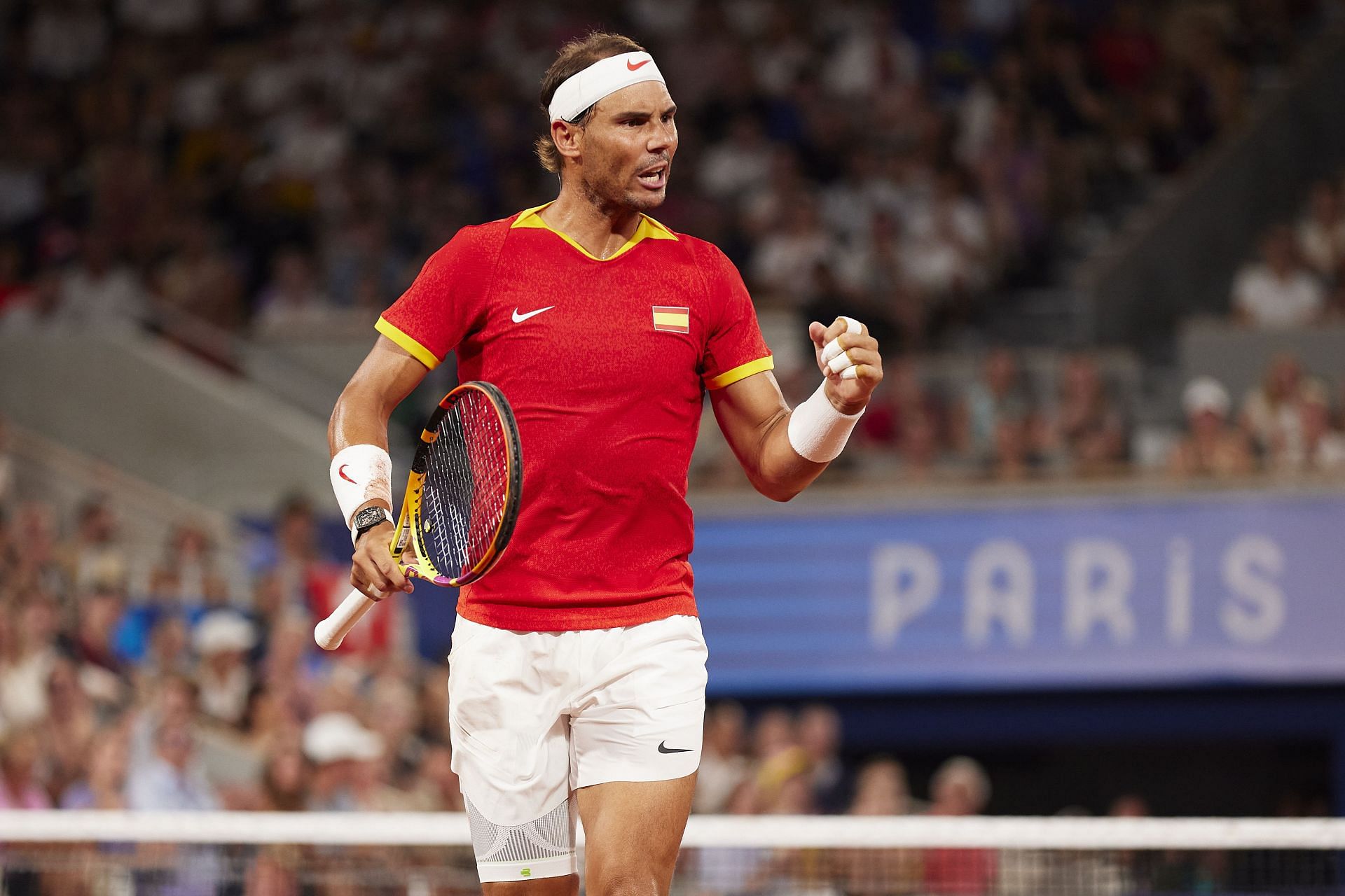 Rafael Nadal celebrates during the Men's Doubles Quarter-final match at the Olympic Games 2024 in Paris, France. (Photo by Getty Images)