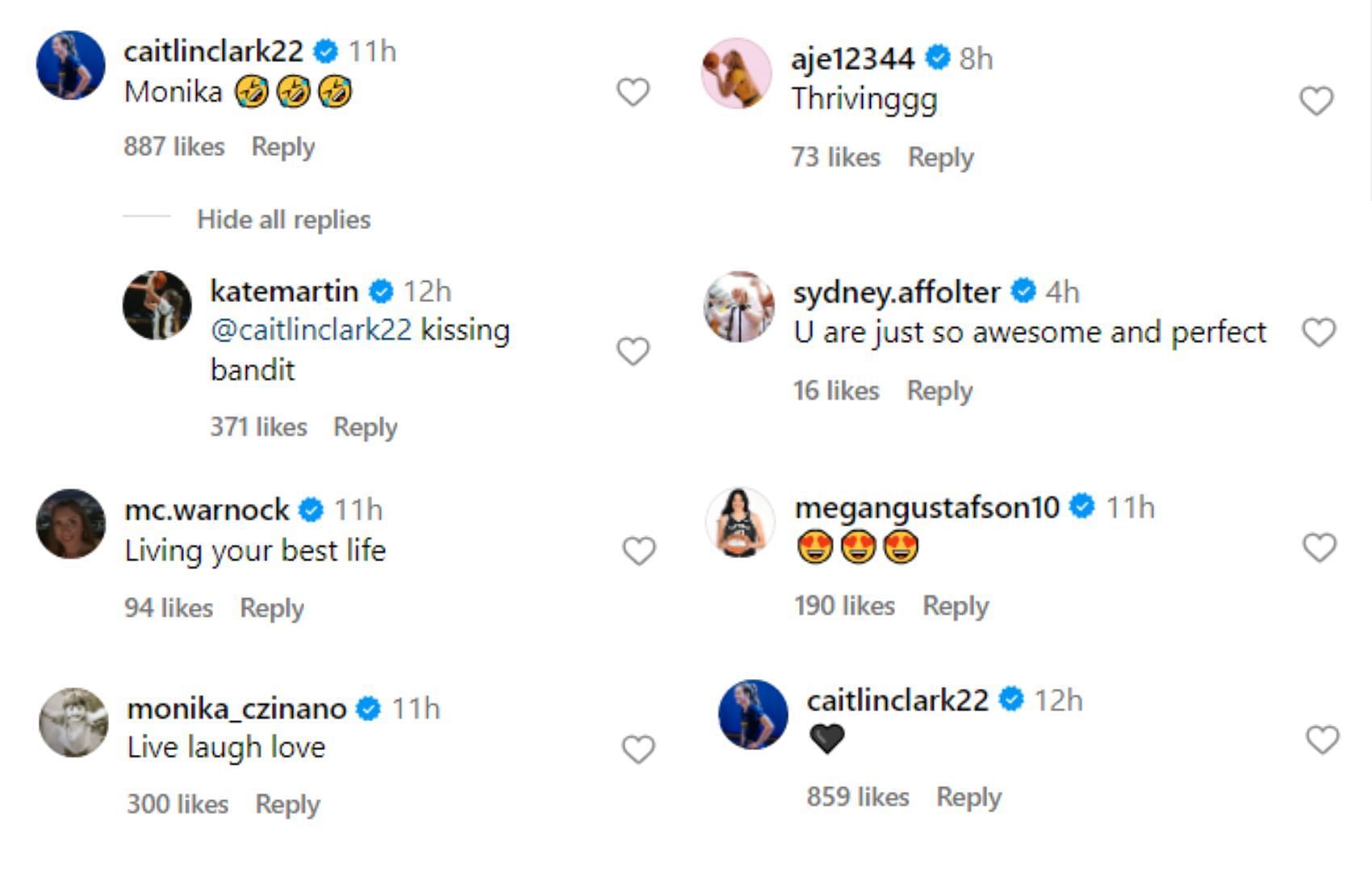 Caitlin Clark, McKenna Warnock, AJ Ediger, Monika Czinano, Sydney Affolter and Megan Gustafson's comments on Kate Martin's vacation post