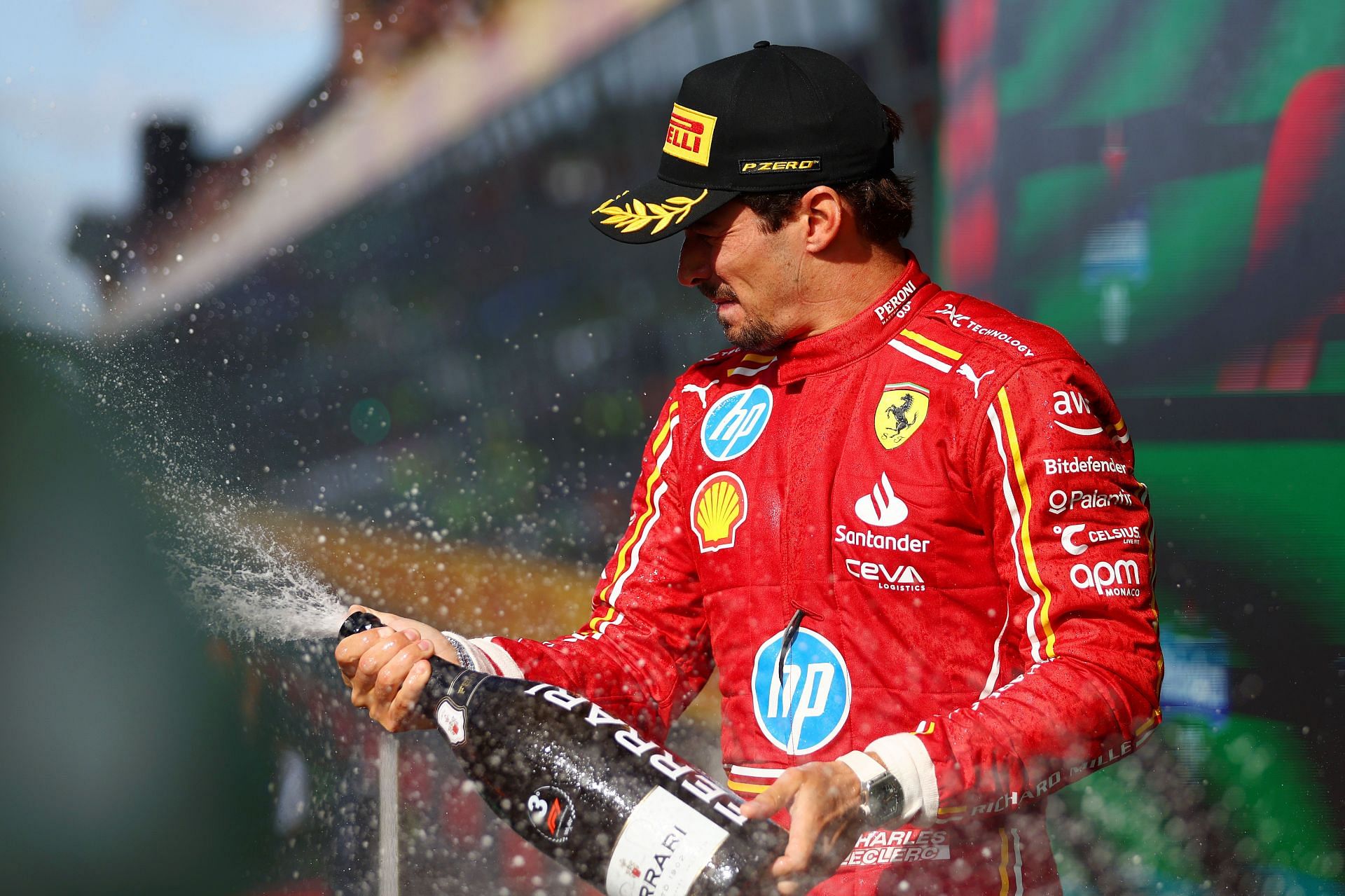 Third-placed Charles Leclerc of Monaco driving the (16) Ferrari SF-24 celebrates the podium. (Source: Getty Images)