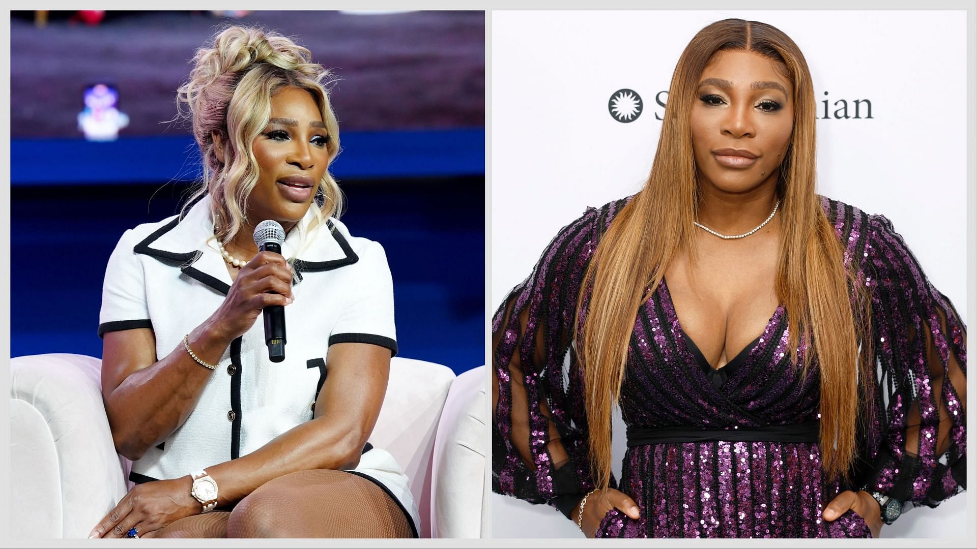 Serena Williams interacts with the media(left) and poses for the cameras(right). Image: Getty