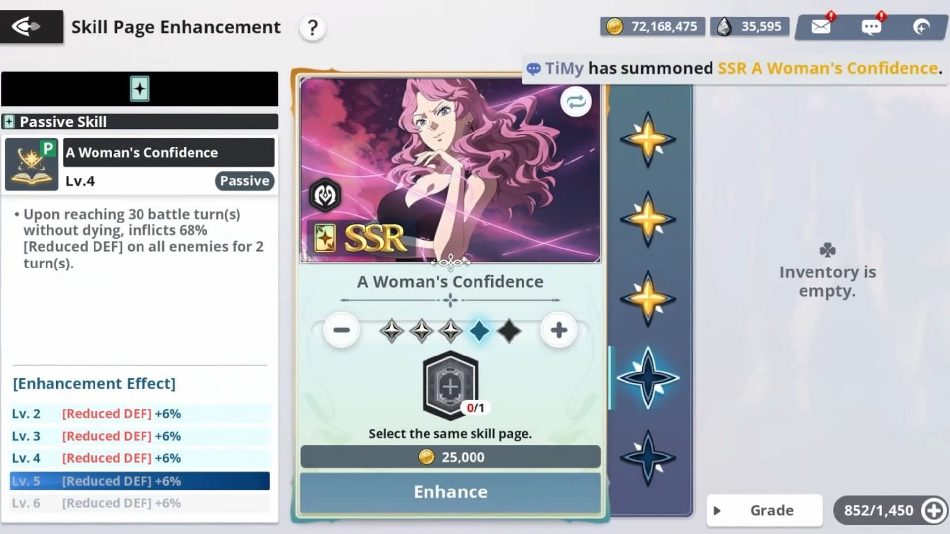 A Woman&#039;s Confidence is the best Skill Page for Vanessa Enoteca build (Image via Vic Game Studio)