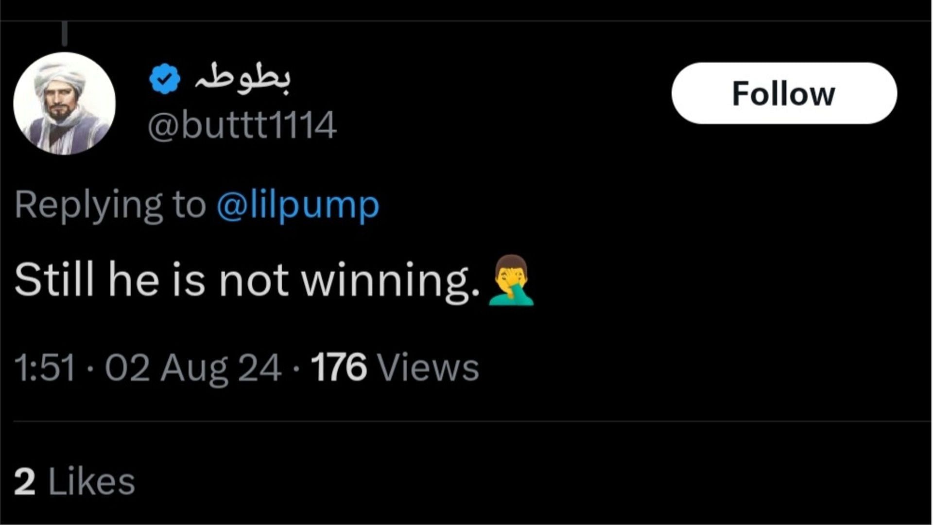 A fan reacted to Lil Pump&#039;s latest tweet, (Image via @buttt1114/X)