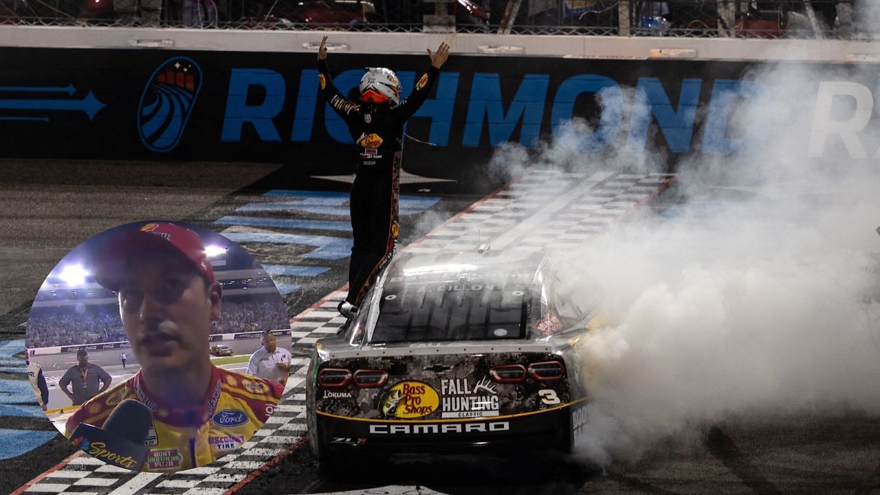 Austin Dillon celebrates his win at Richmond; In Center: Joey Logano (Images from @RCRracing on X; @NASCAR on X)