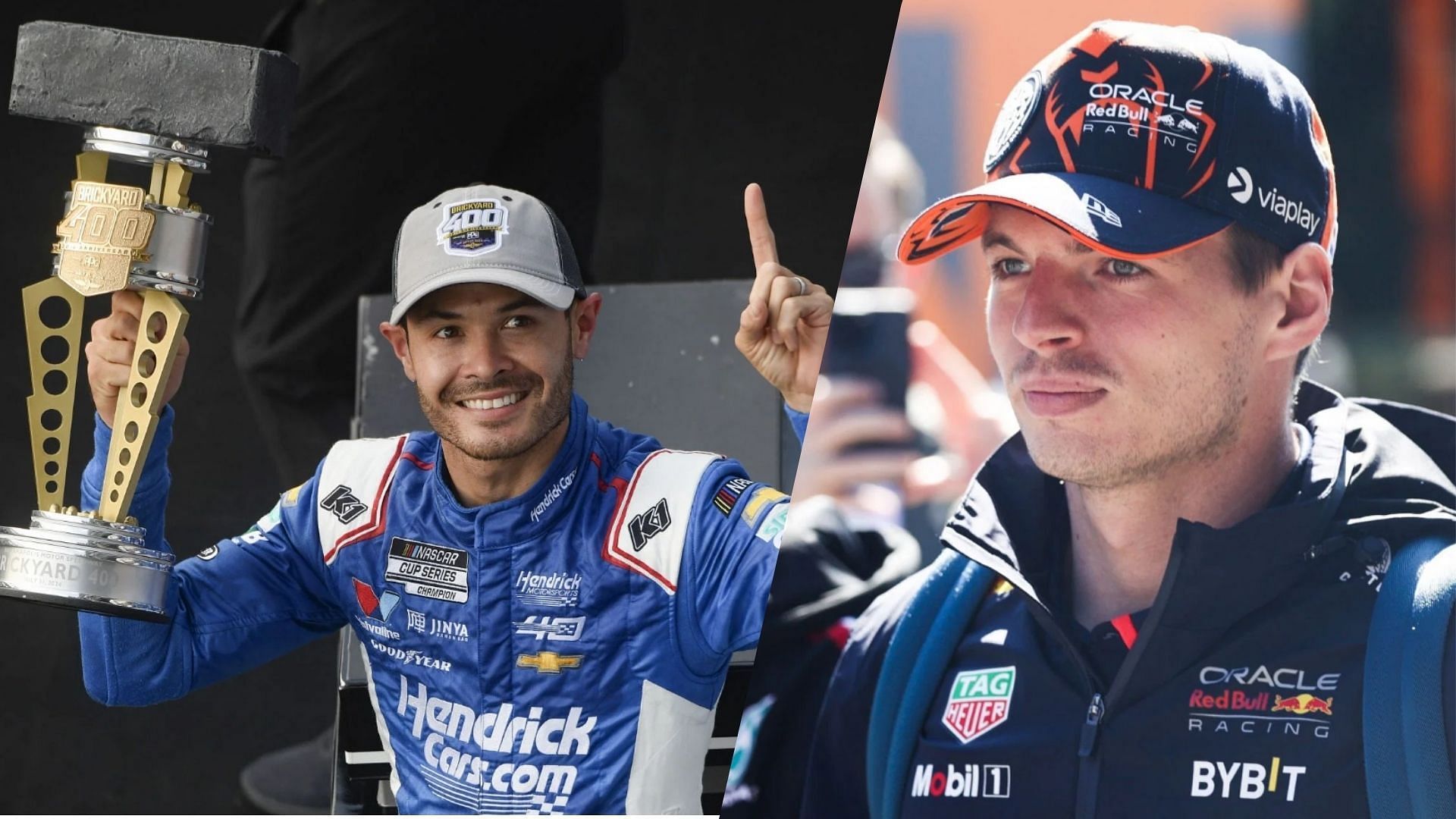 Left: Kyle Larson after winning the NASCAR Cup Series Brickyard 400 race (Source: Getty). Right: Max Verstappen entering the paddock ahead of the Belgian GP (Source: Getty)