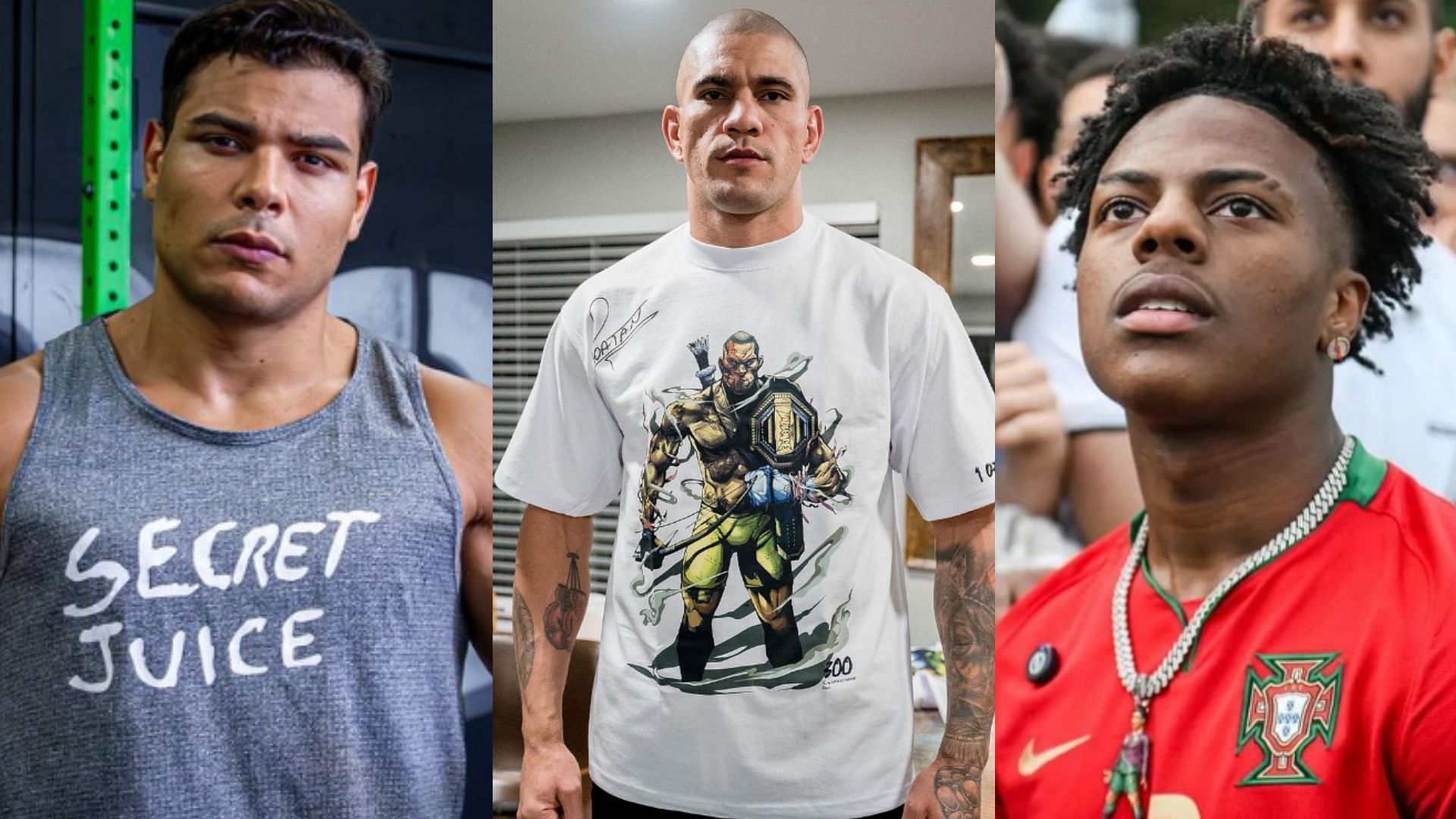 Paulo Costa (left) reacts to Alex Pereira (center) and IShowSpeed (right) hitting UFC punching machine [Images courtesy of @borrachinhamma, @alexpoatanpereira &amp; @ishowspeed on Instagram]