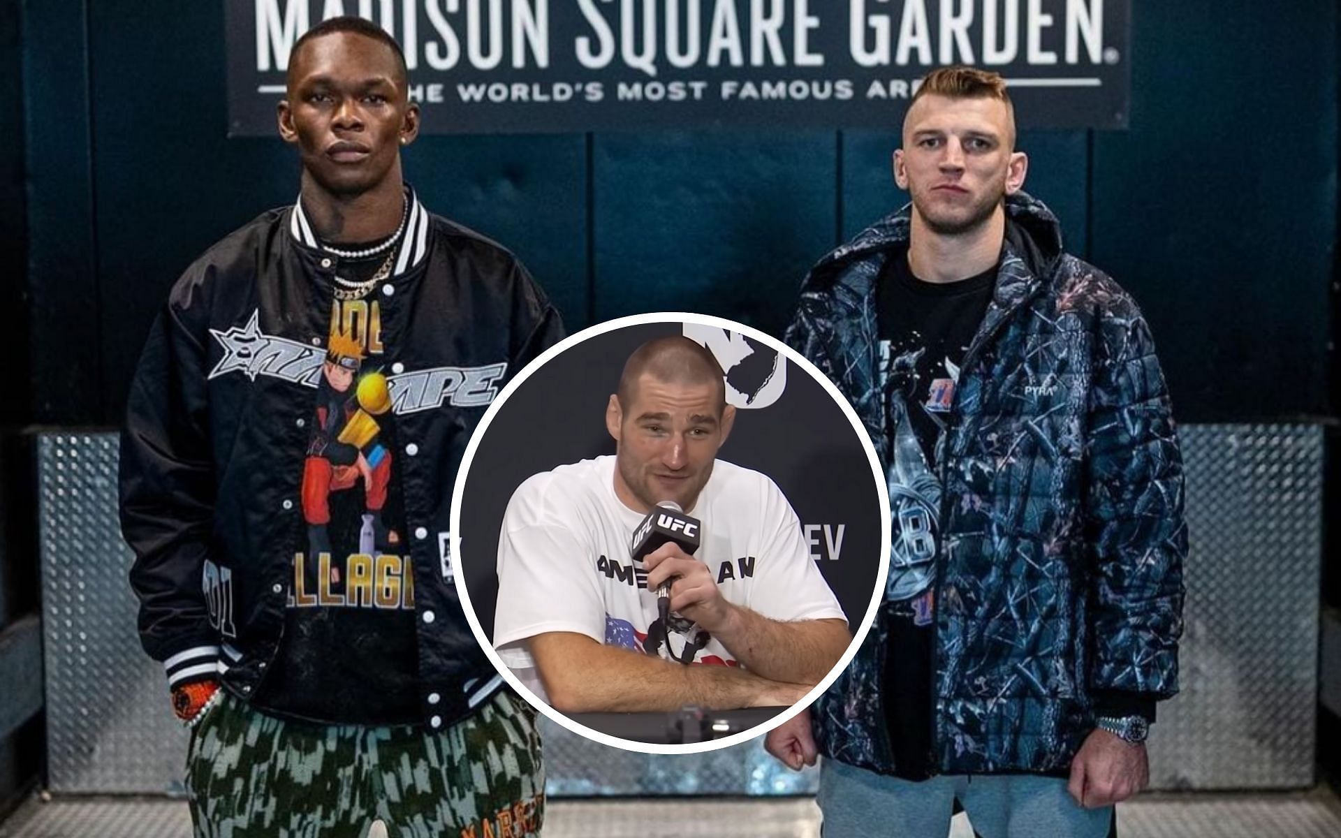 Sean Strickland (center) reacts to Dan Hooker (right) standing by Israel Adesanya (left) in a &quot;CKB tradition.&quot; [Images courtesy: @danhangman on Instagram, UFC on YouTube]