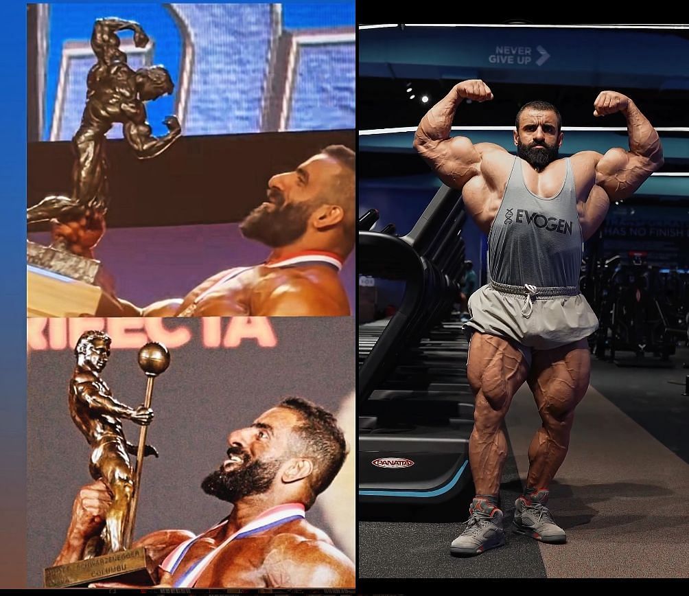 Hadi Choopan with his Mr. Olympia and Arnold Trophies; via @hadi_choopan on Instagram