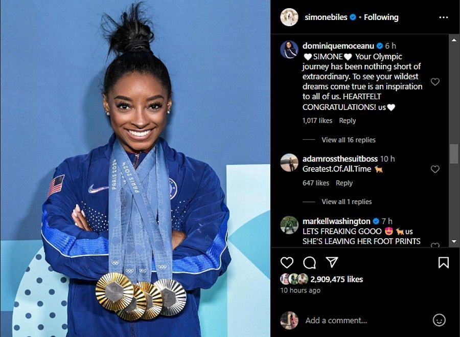 Screenshot of Biles&#039; Instagram post.