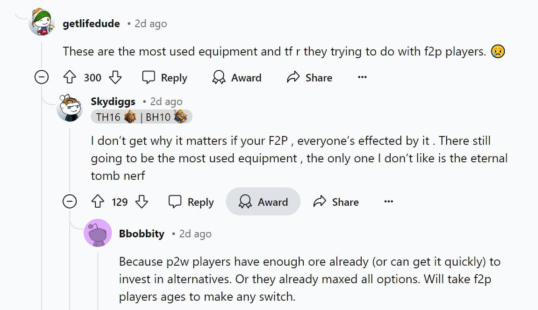 A Reddit user mentioned how the new update will affect F2P players (Image via Reddit)