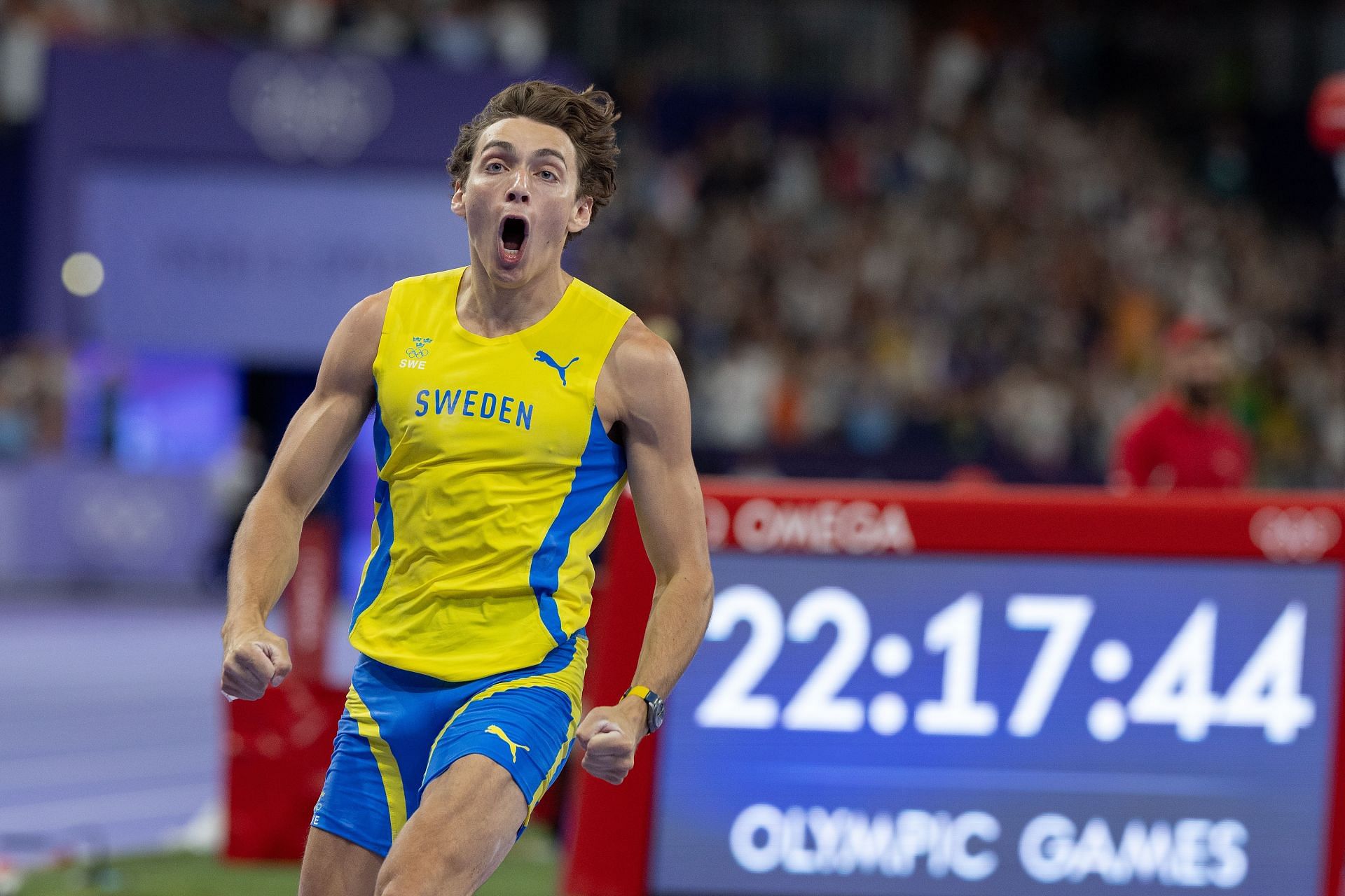 Armand &#039;Mondo&#039; Duplantis reacts after breaking his own world record in the men&#039;s pole vault final at the Paris Olympics 2024 [Image Source: Getty]