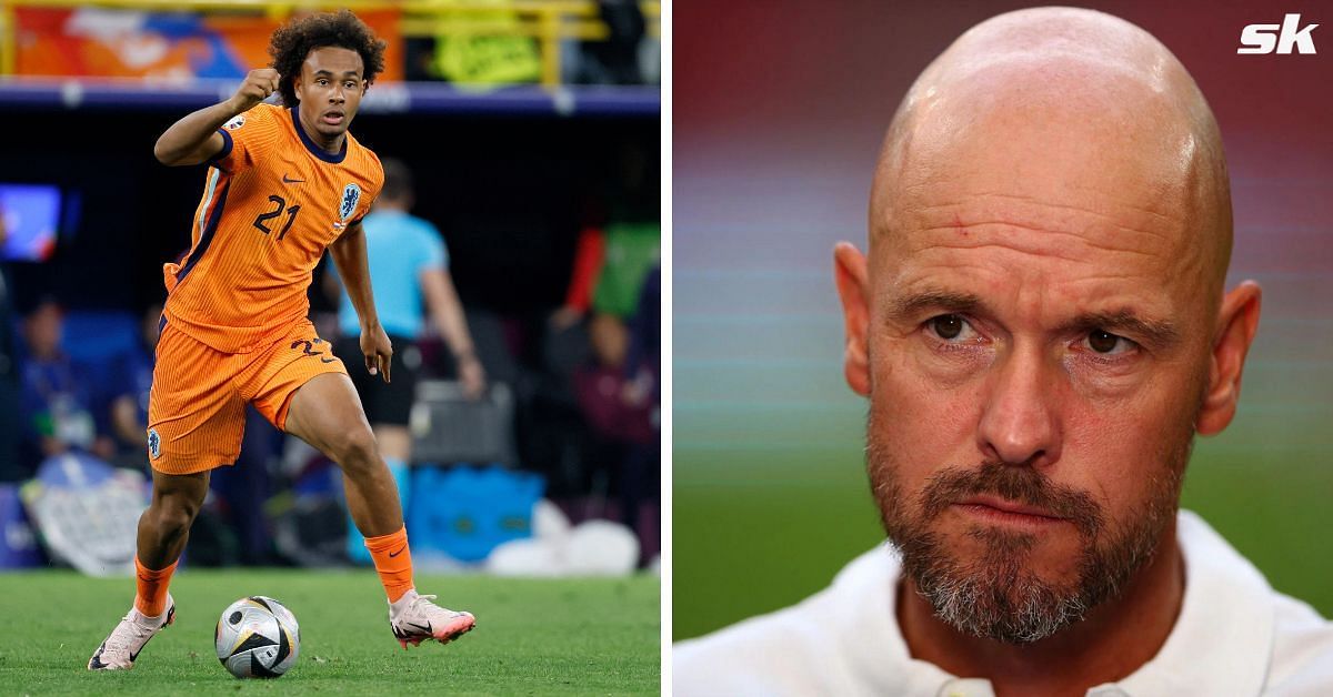 Manchester United striker Joshua Zirkzee (left) and manager Eirk ten Hag